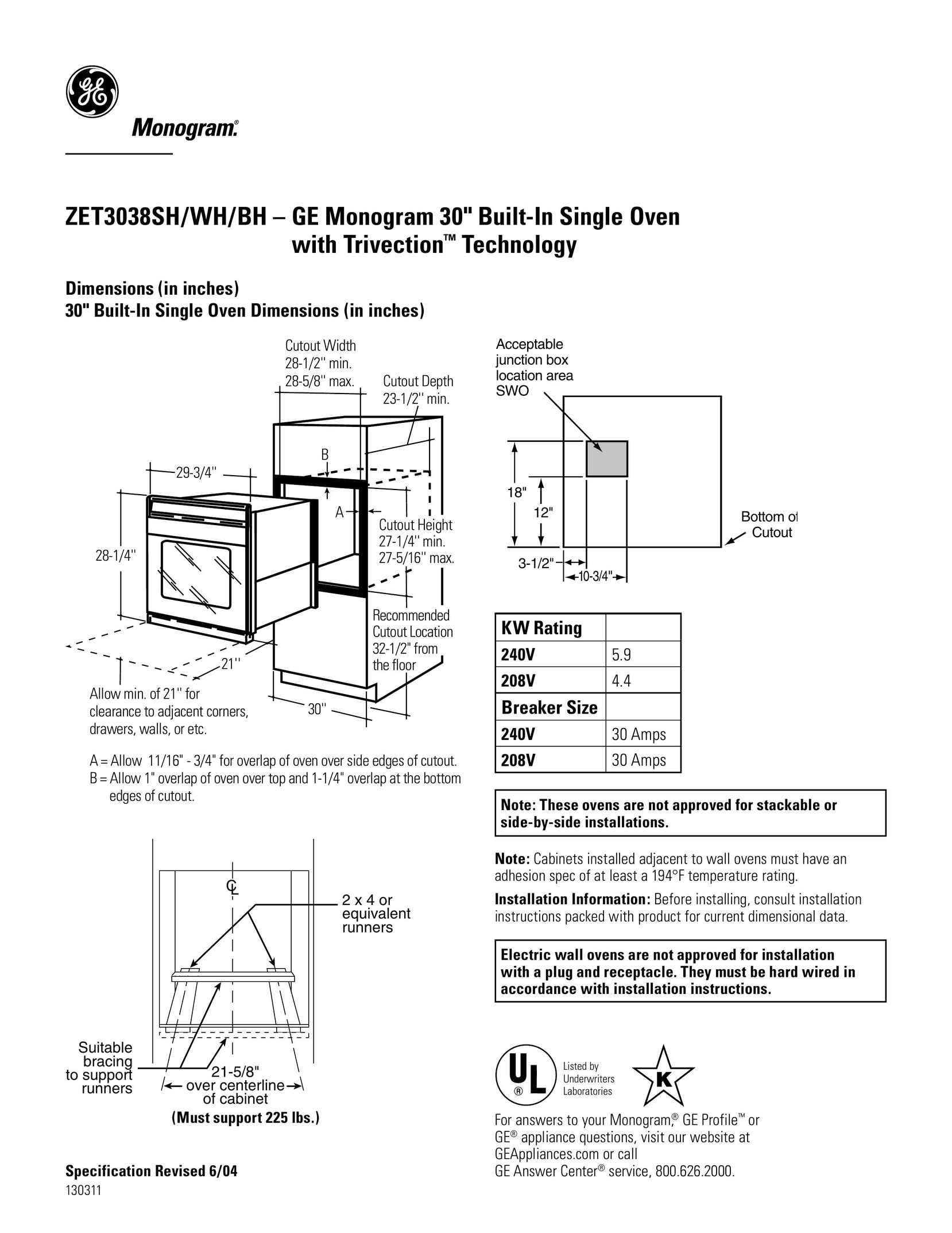 GE Monogram ZET3038SH/WH/BH Oven User Manual