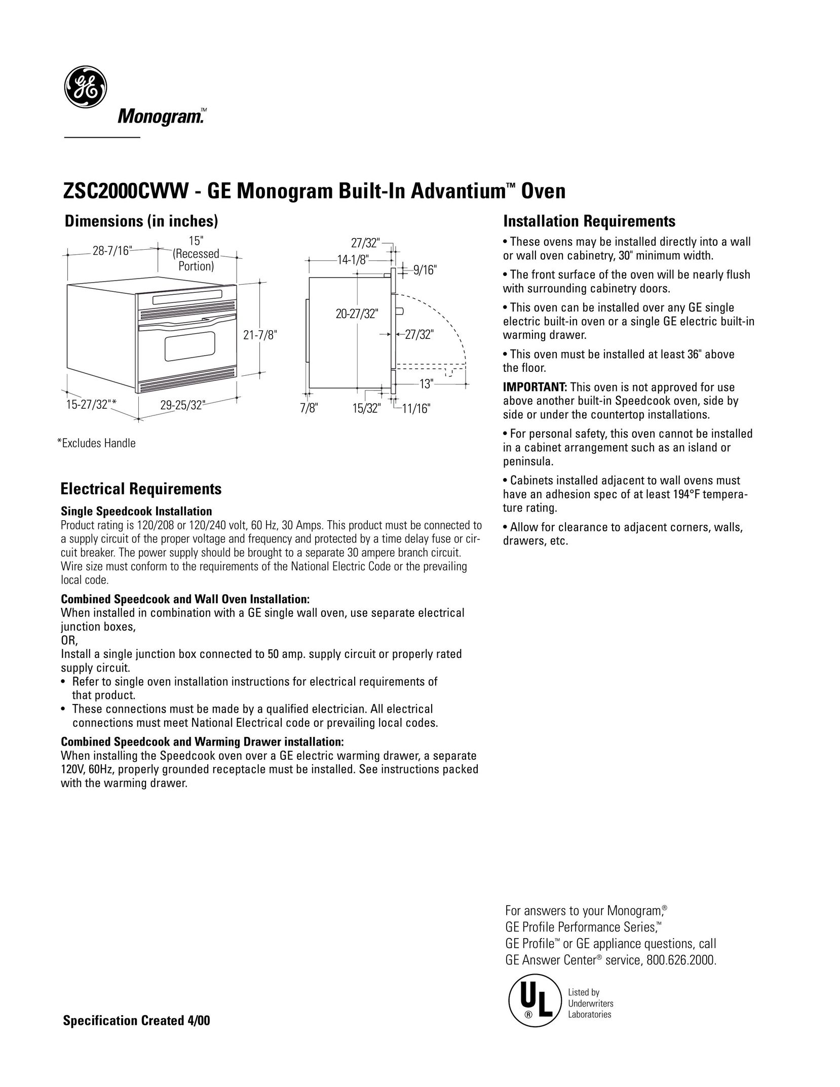 GE Monogram ZSC2000CWW Oven User Manual