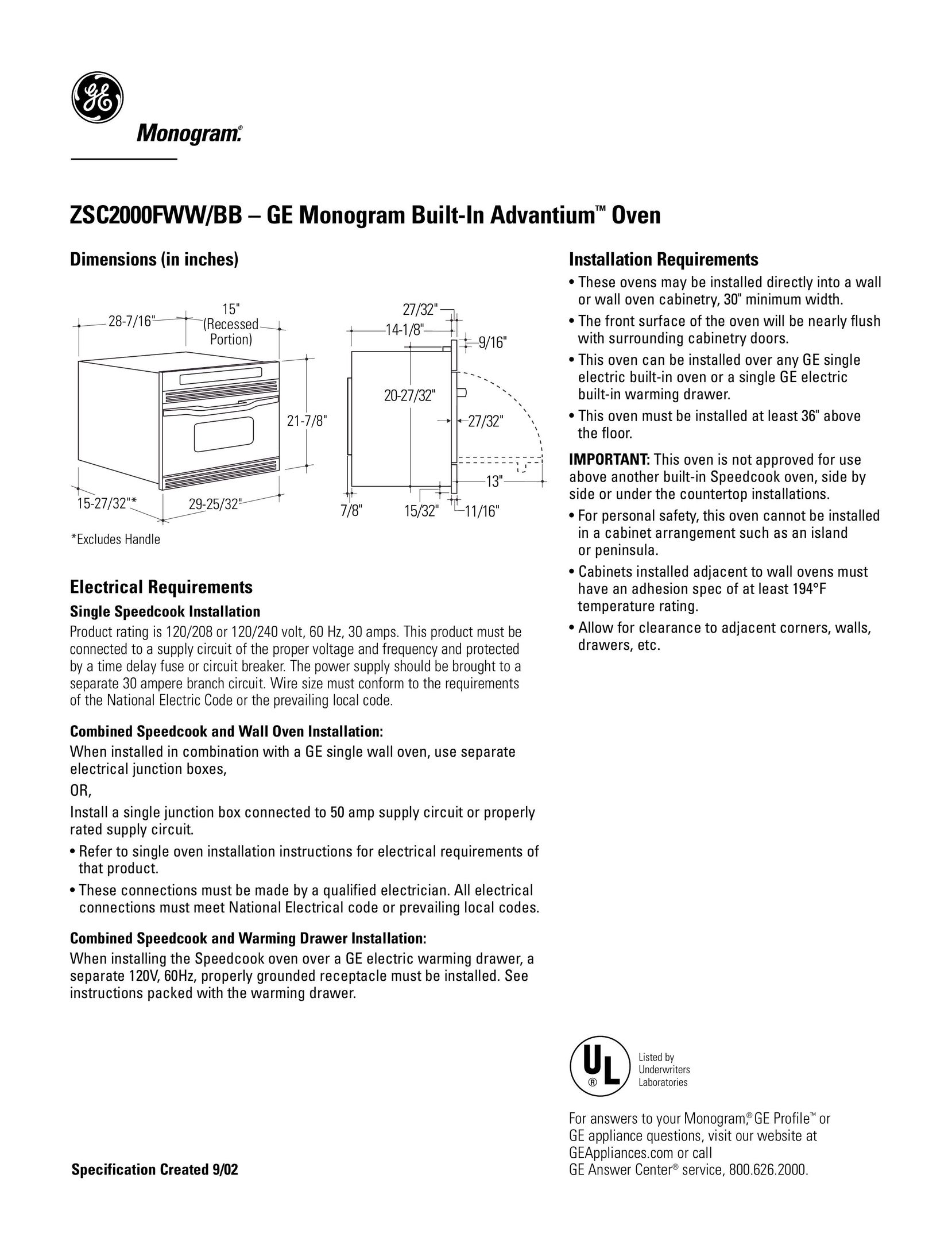 GE Monogram ZSC2000FWW/BB Oven User Manual