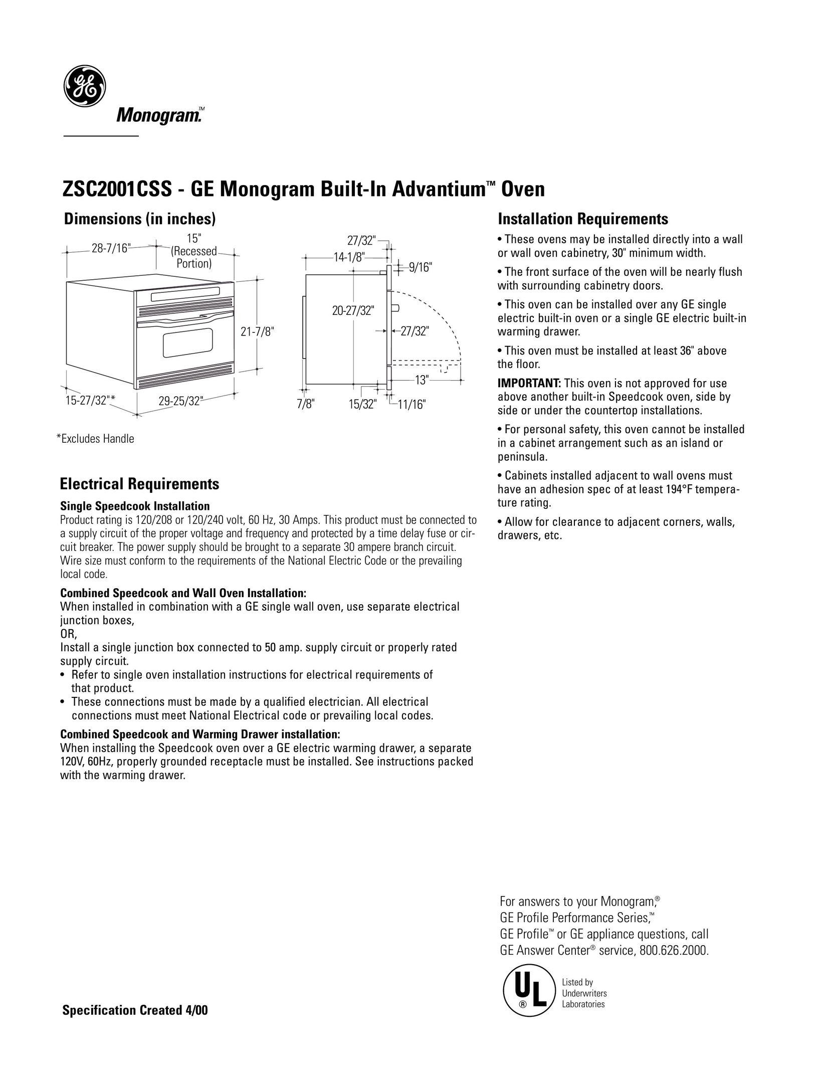 GE Monogram ZSC2001CSS Oven User Manual
