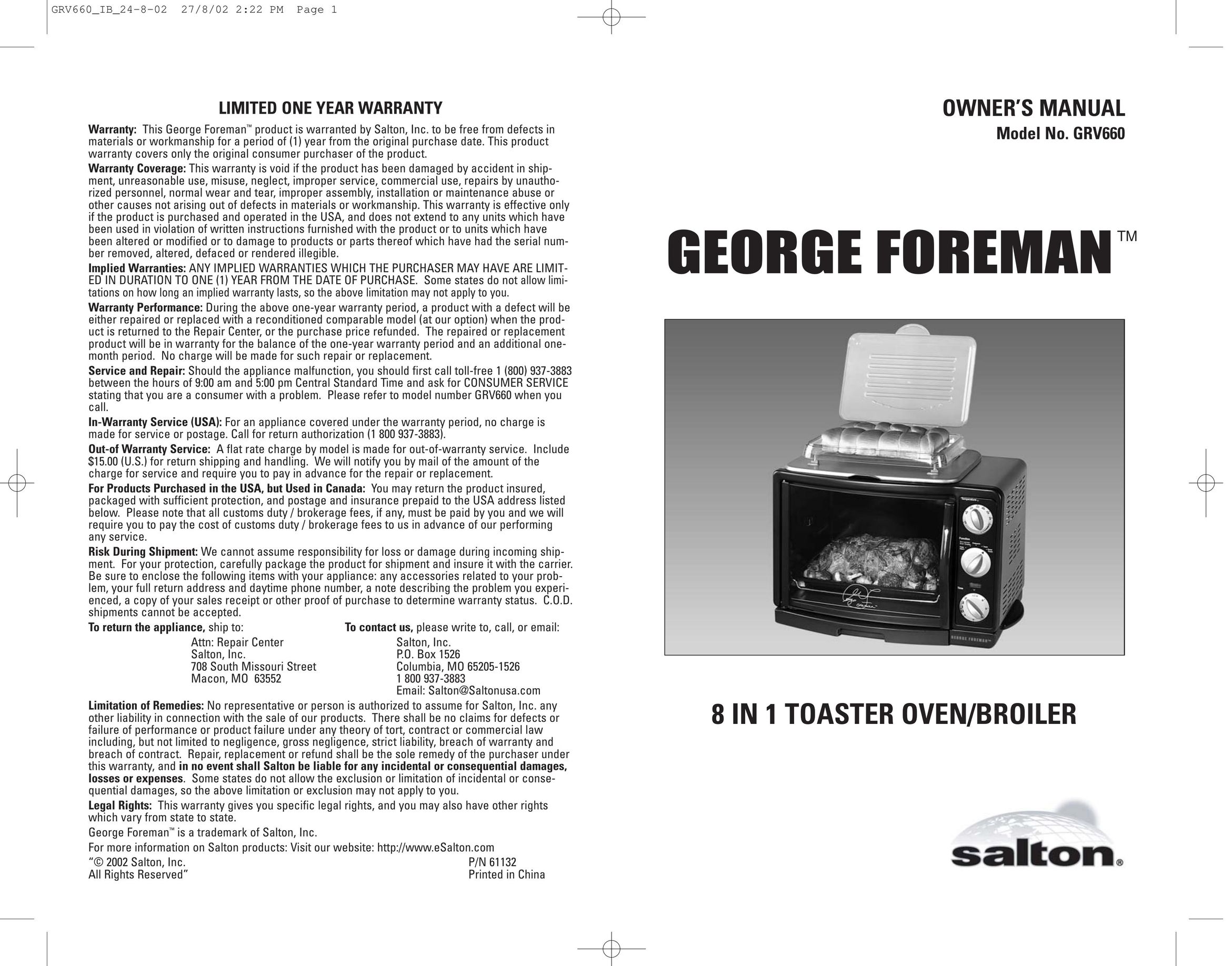 George Foreman GRV660 Oven User Manual