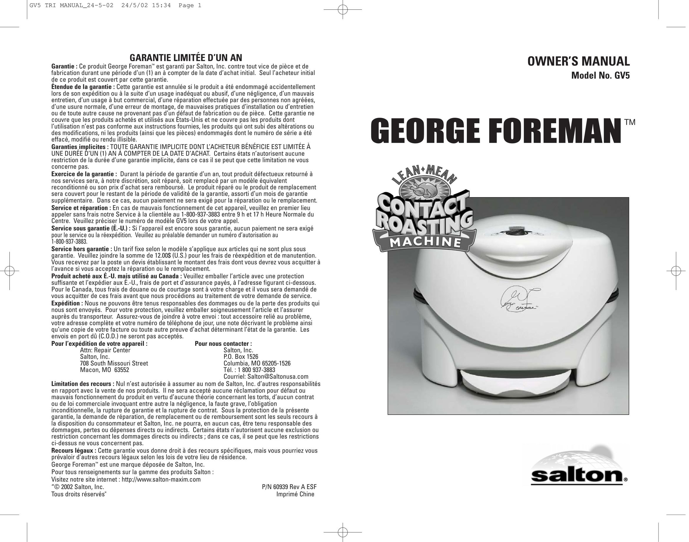 George Foreman GV5 Oven User Manual