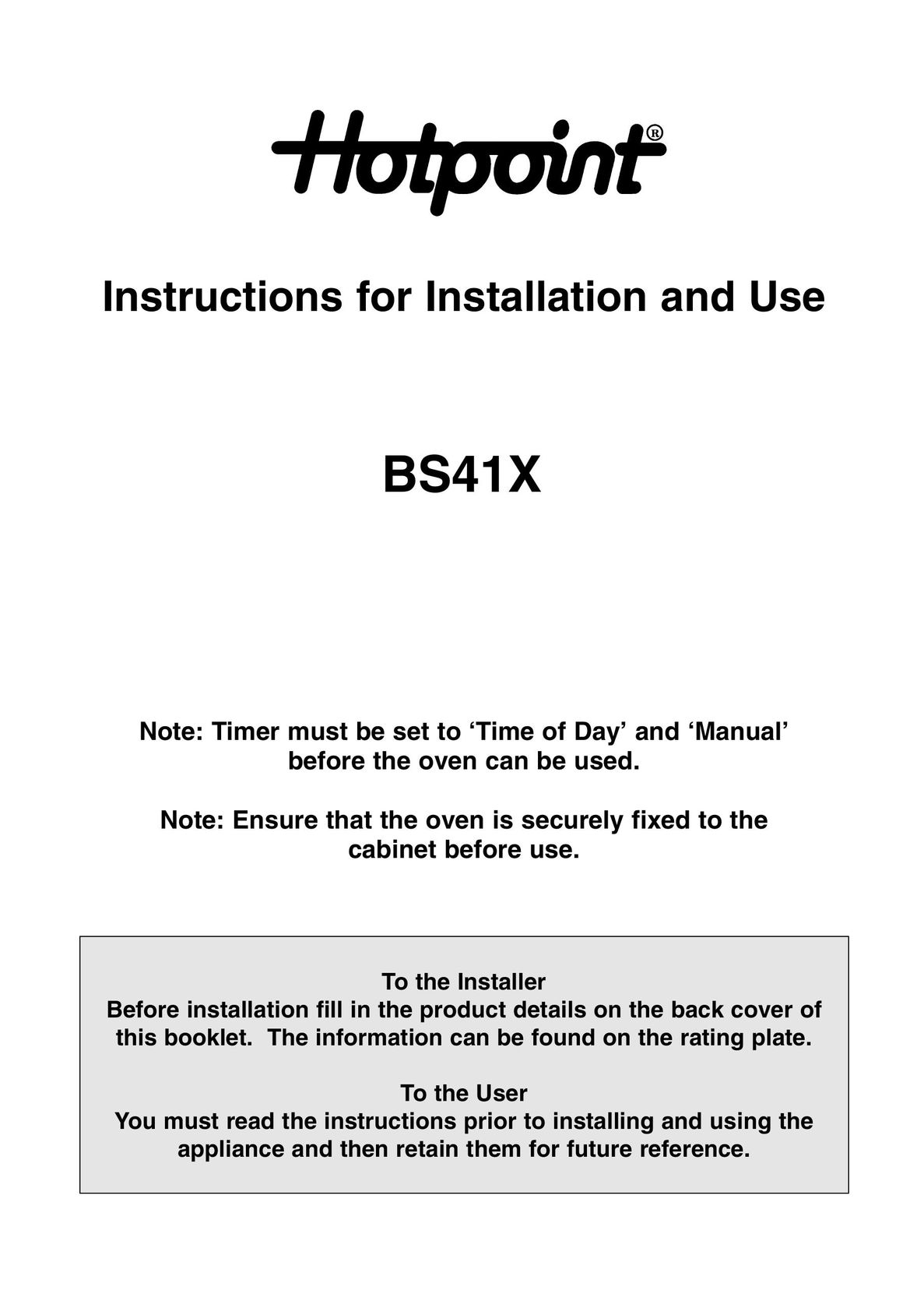 Hotpoint BS41X Oven User Manual
