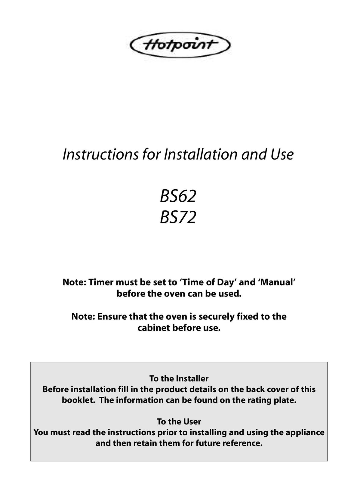 Hotpoint BS62 Oven User Manual