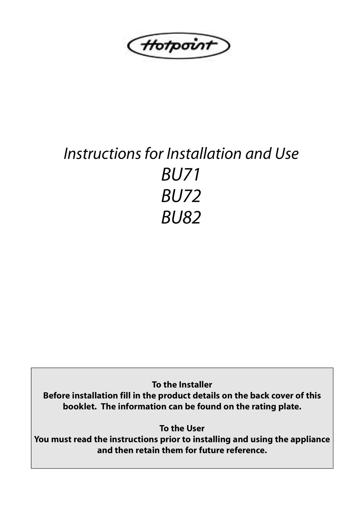 Hotpoint BU71 Oven User Manual