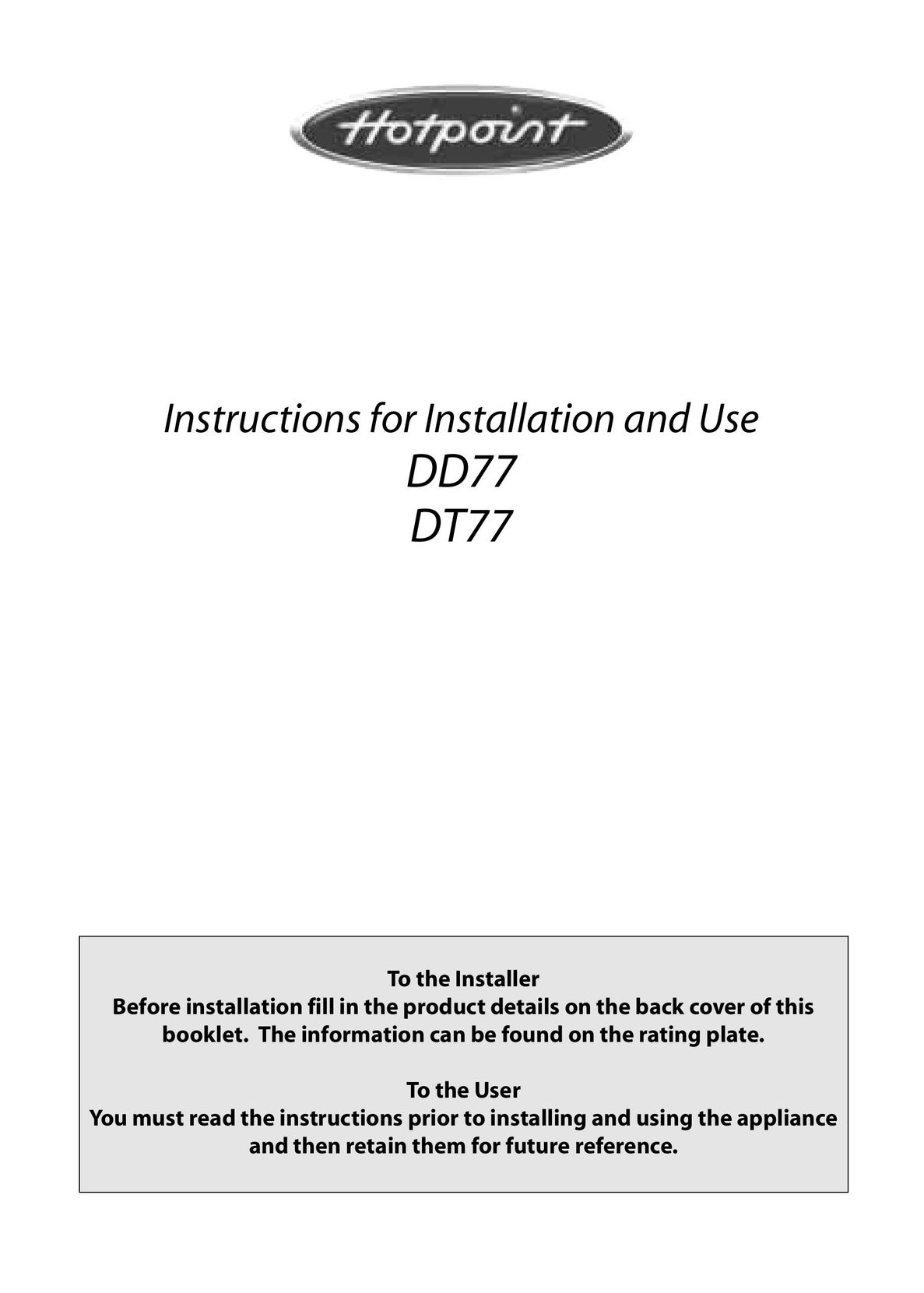 Hotpoint DD77 DT77 Oven User Manual