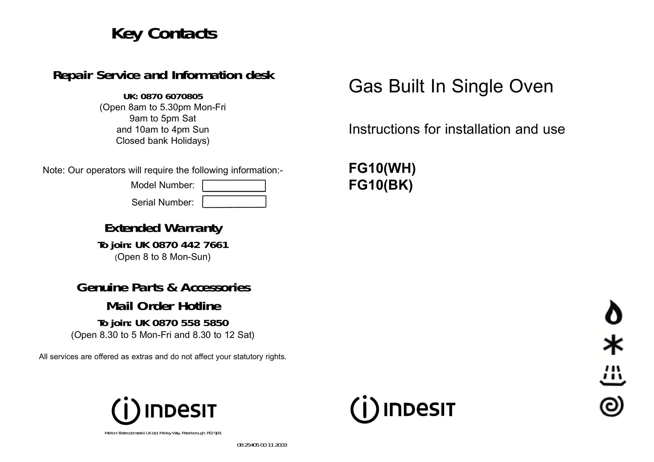Indesit FG10(BK) Oven User Manual