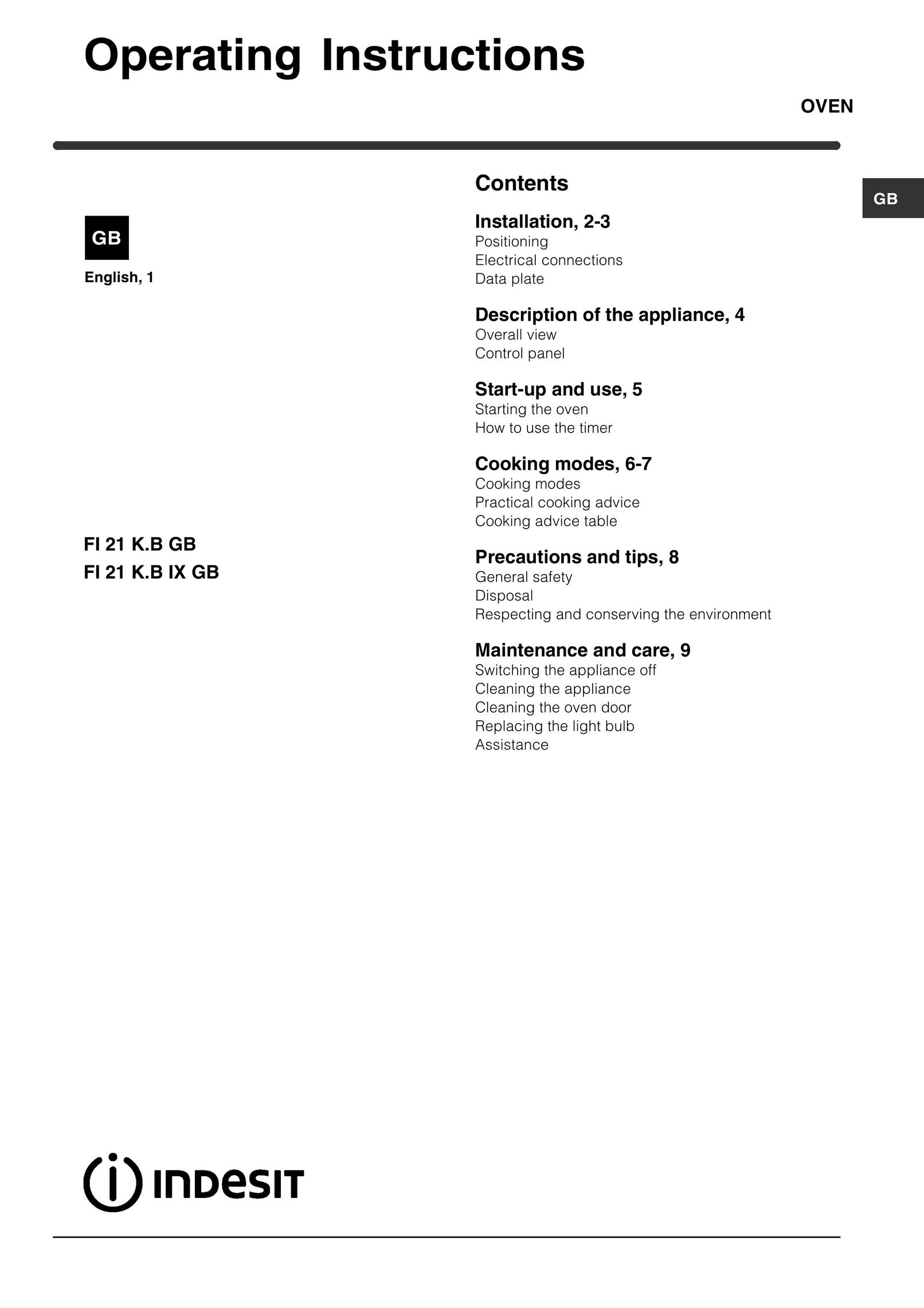 Indesit FI 21 K.B GB Oven User Manual