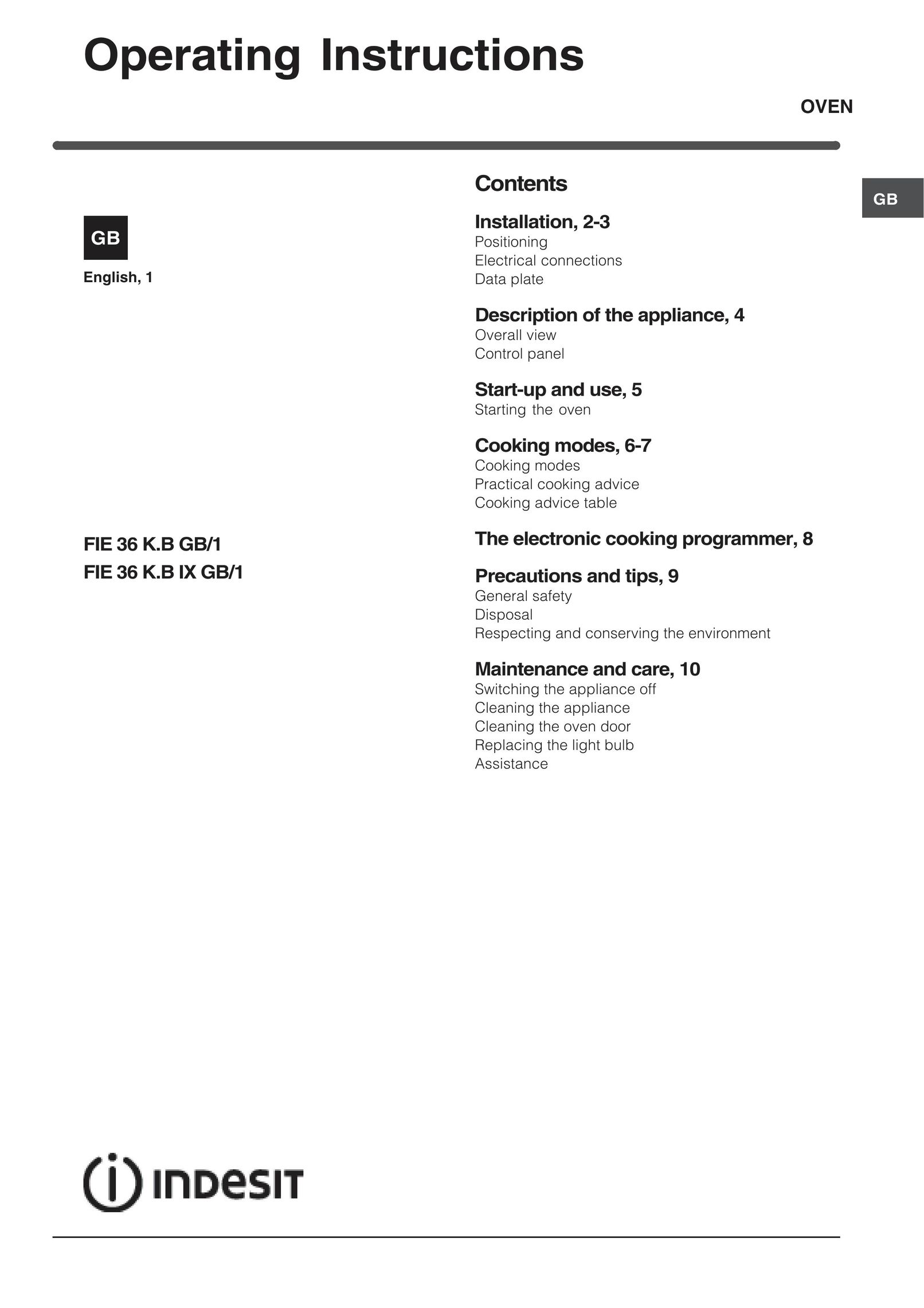Indesit FIE 36 K.B IX GB/1 Oven User Manual