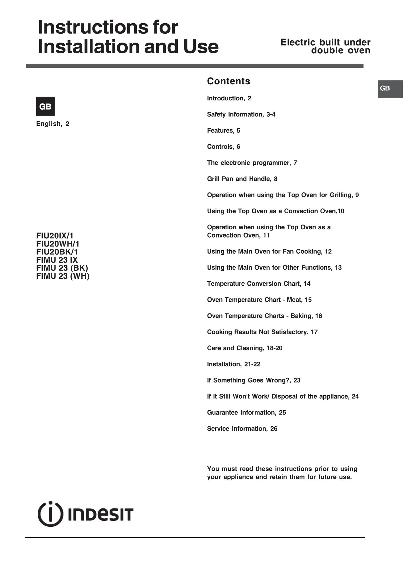 Indesit FIMU 23 IX Oven User Manual