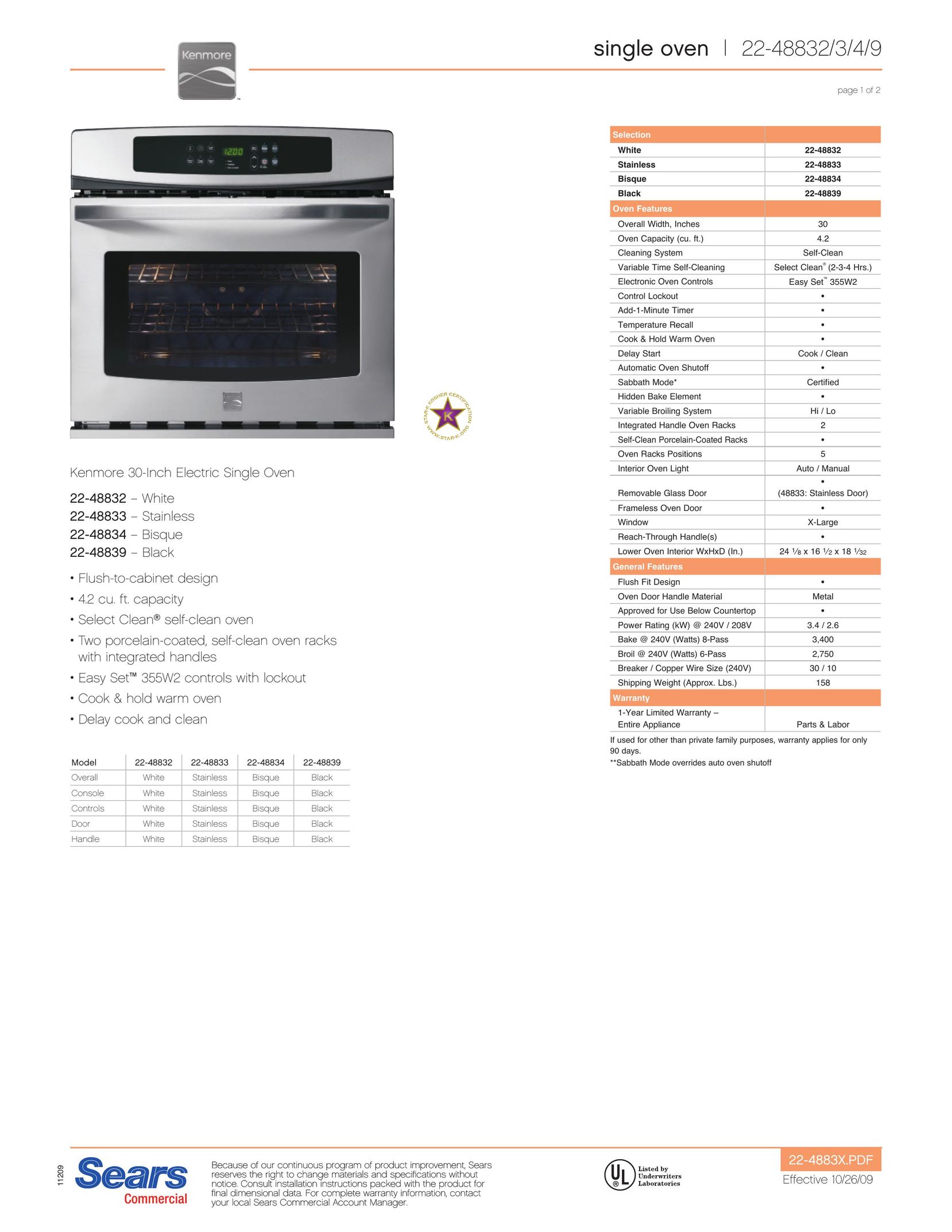 Kenmore 22-48833 Oven User Manual