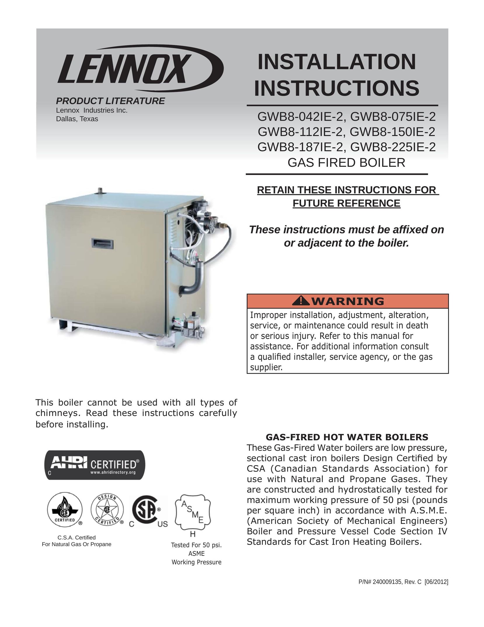 Lennox International Inc. GWB8-075IE-2 Oven User Manual