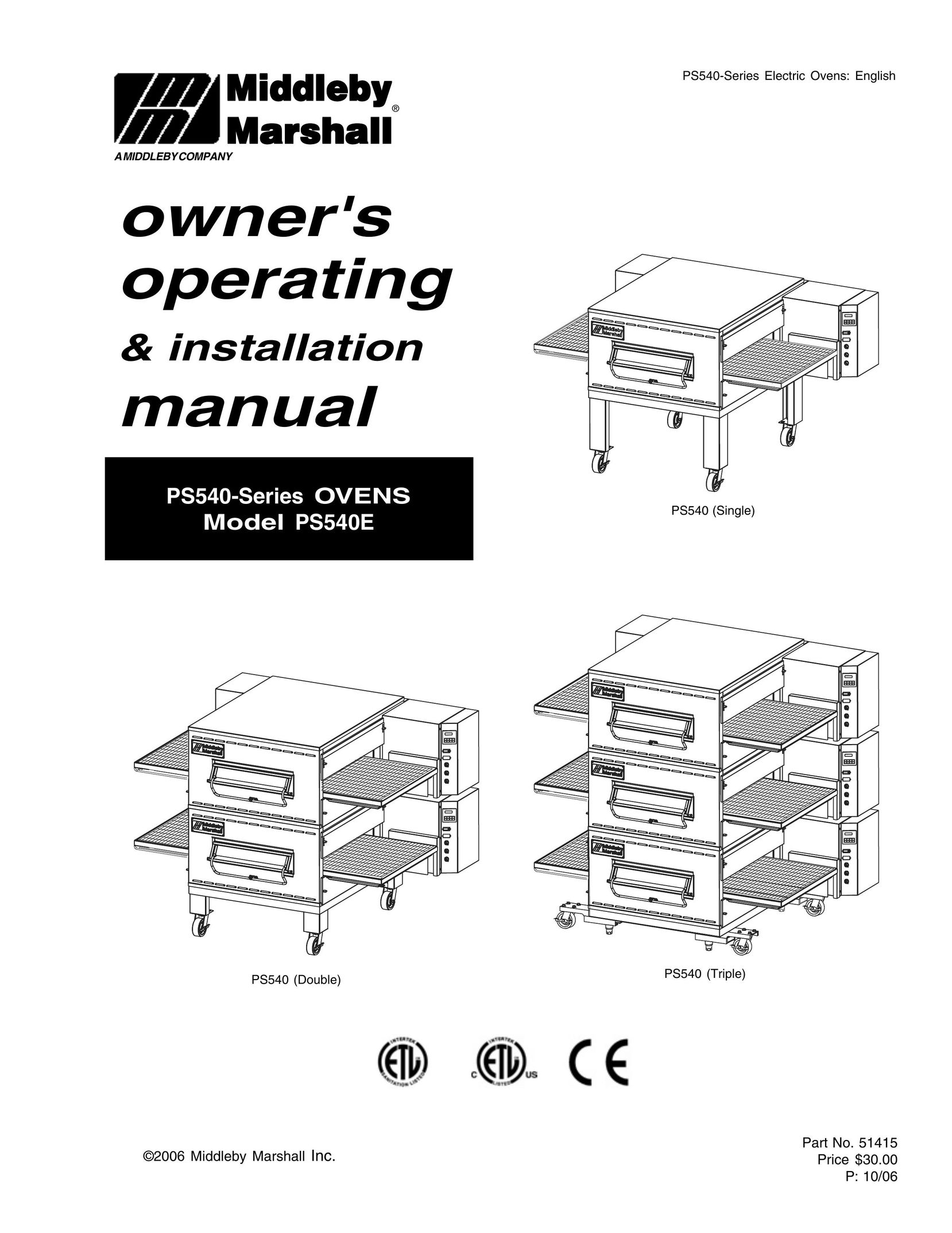 Middleby Marshall PS540 (Double) Oven User Manual