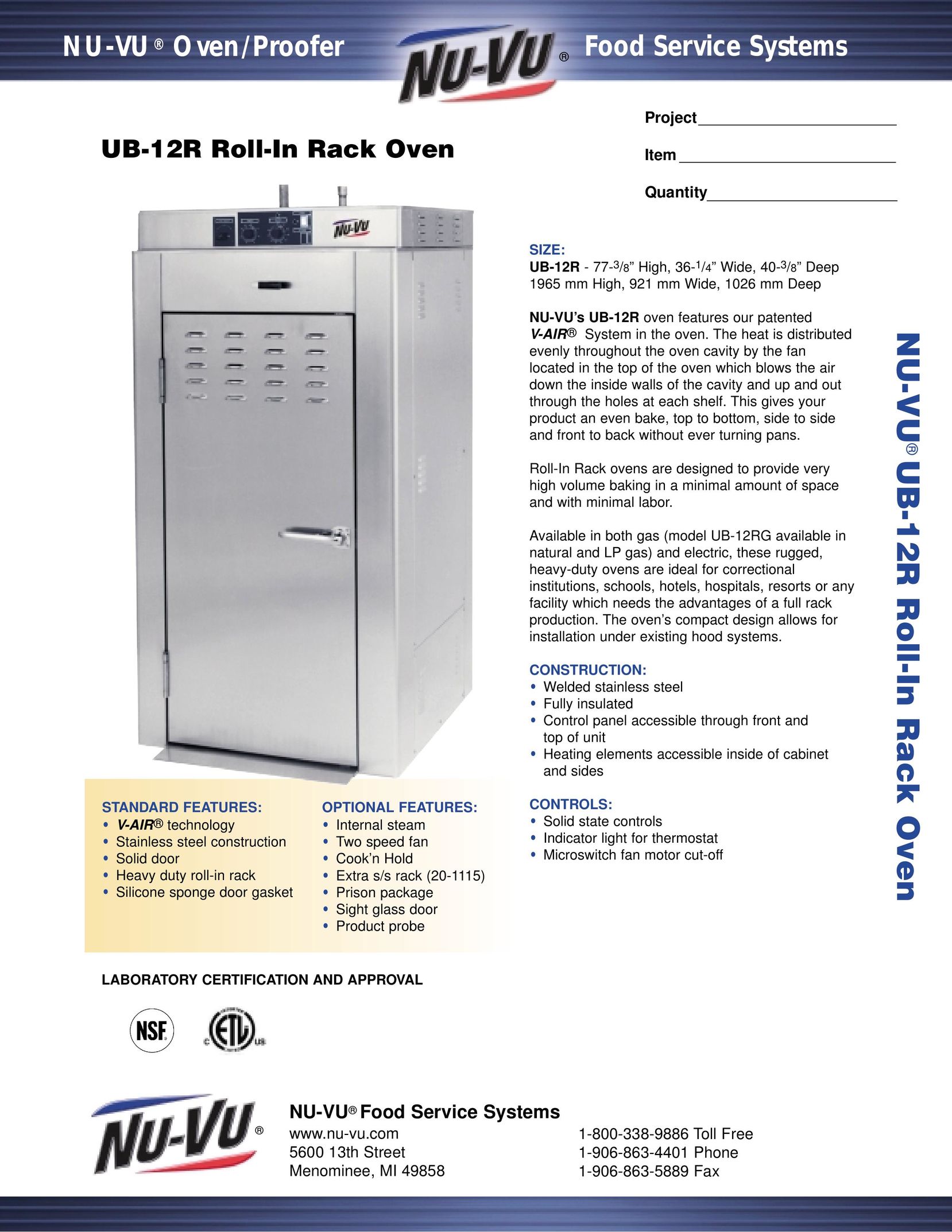 Nu-Vu UB-12R Oven User Manual