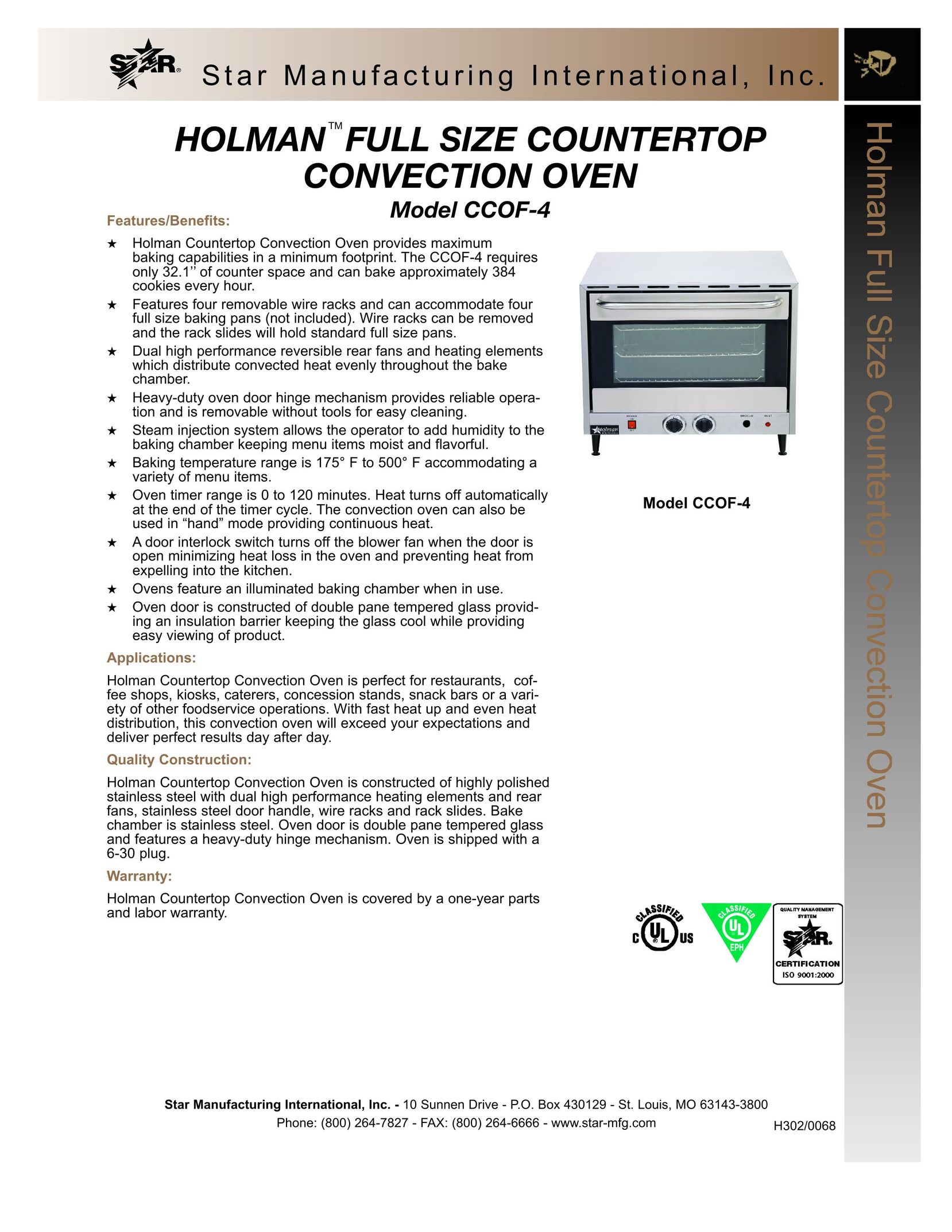 Star Manufacturing CCOF-4 Oven User Manual