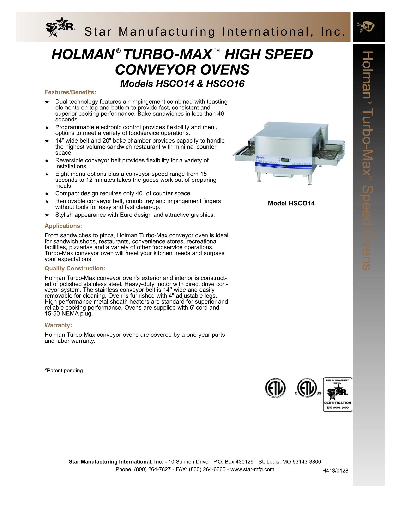 Star Manufacturing HSCO16 Oven User Manual