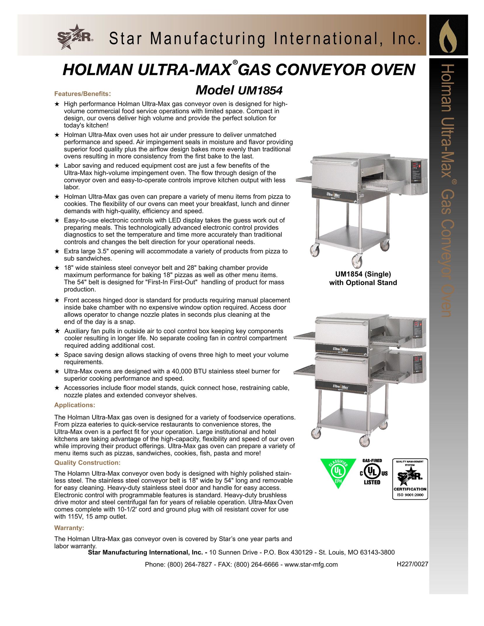 Star Manufacturing UM1854 Oven User Manual