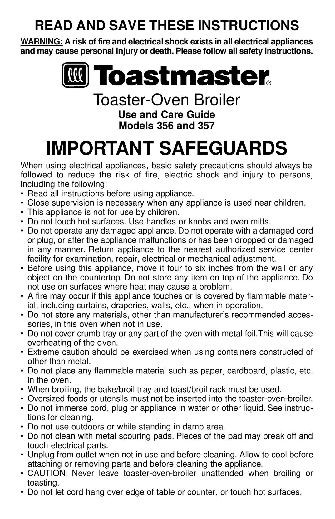 Toastmaster 356 Oven User Manual
