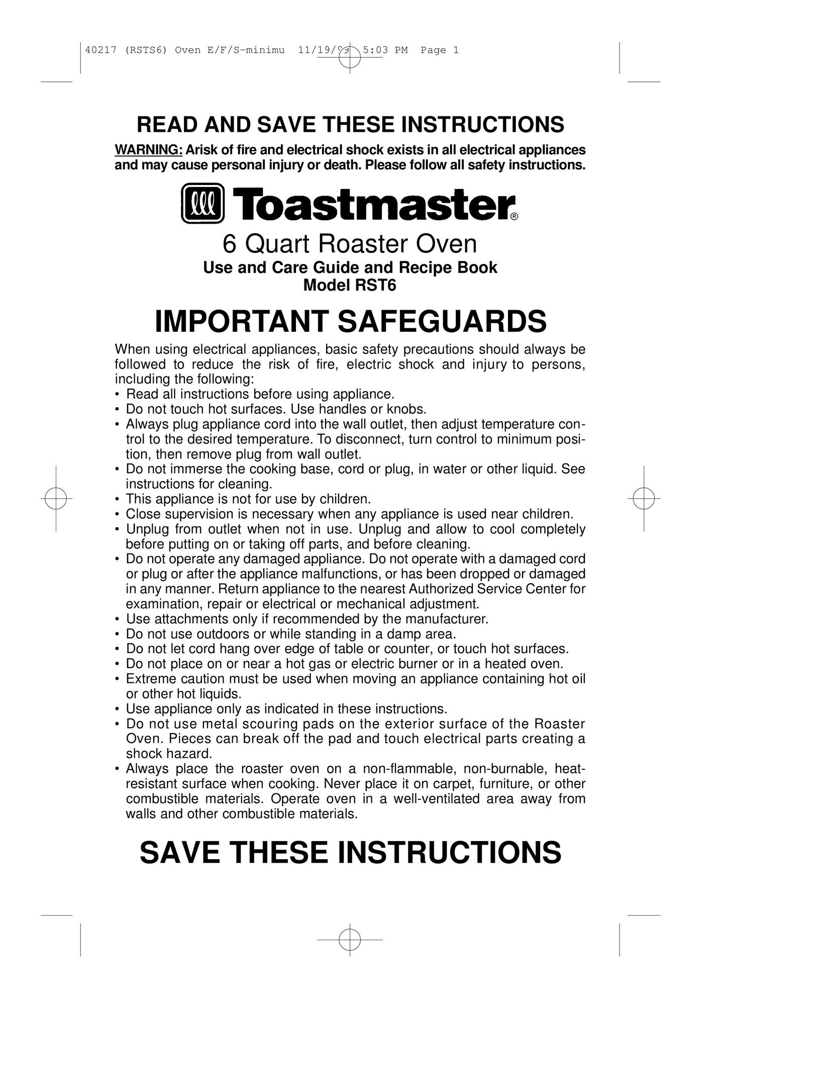 Toastmaster RST6 Oven User Manual