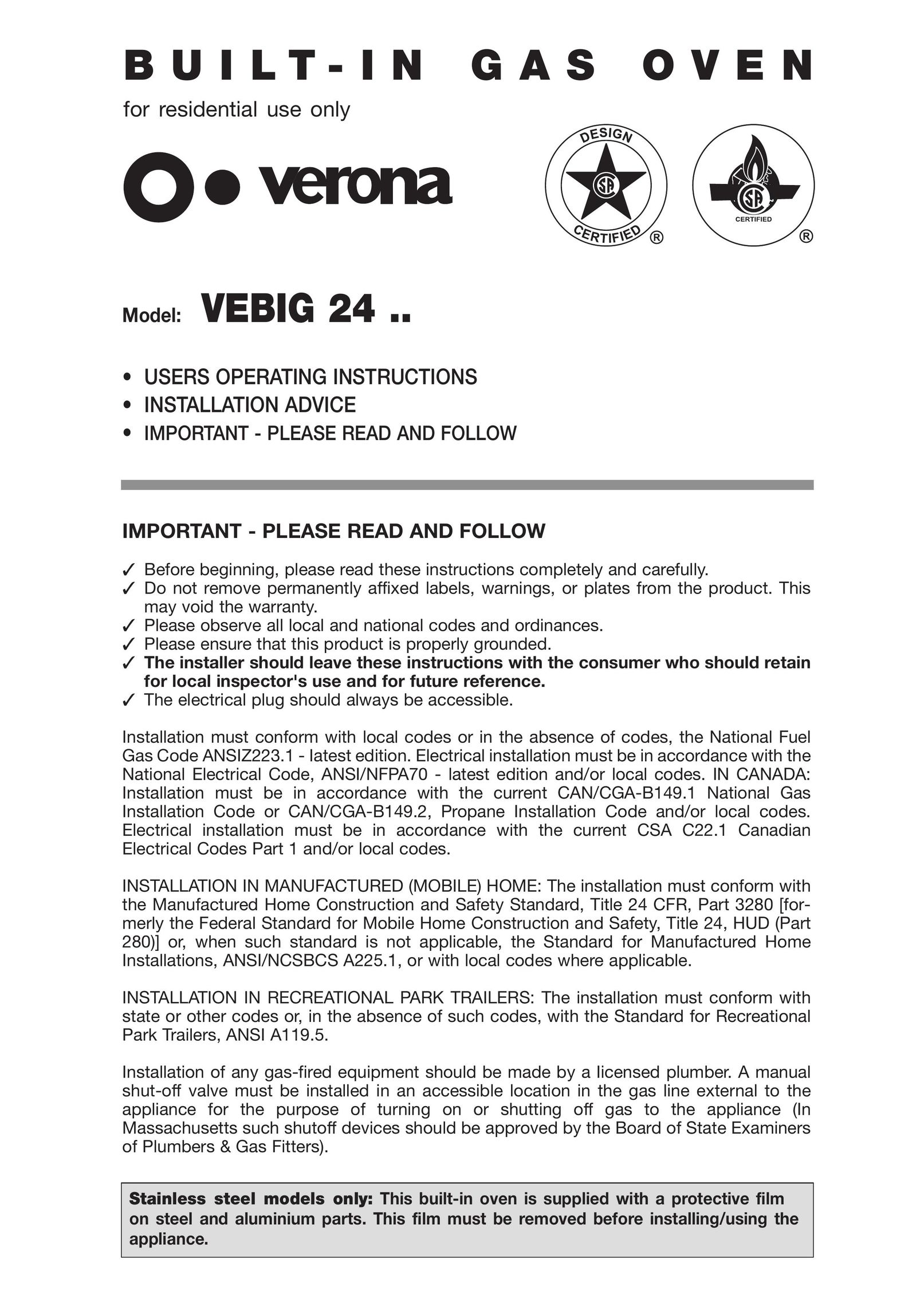 Verona VEBIG24 Oven User Manual