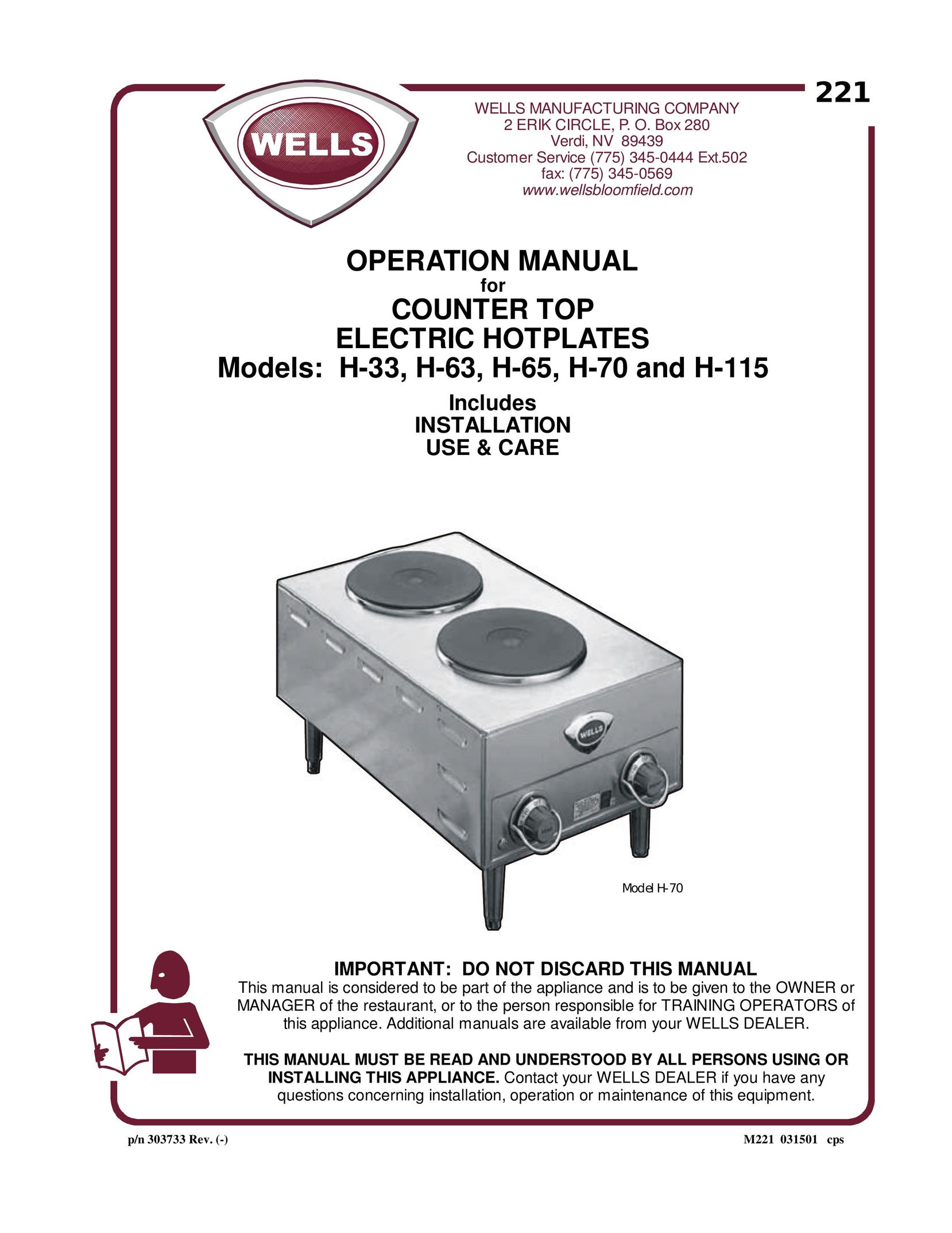 Wells H-115 Oven User Manual
