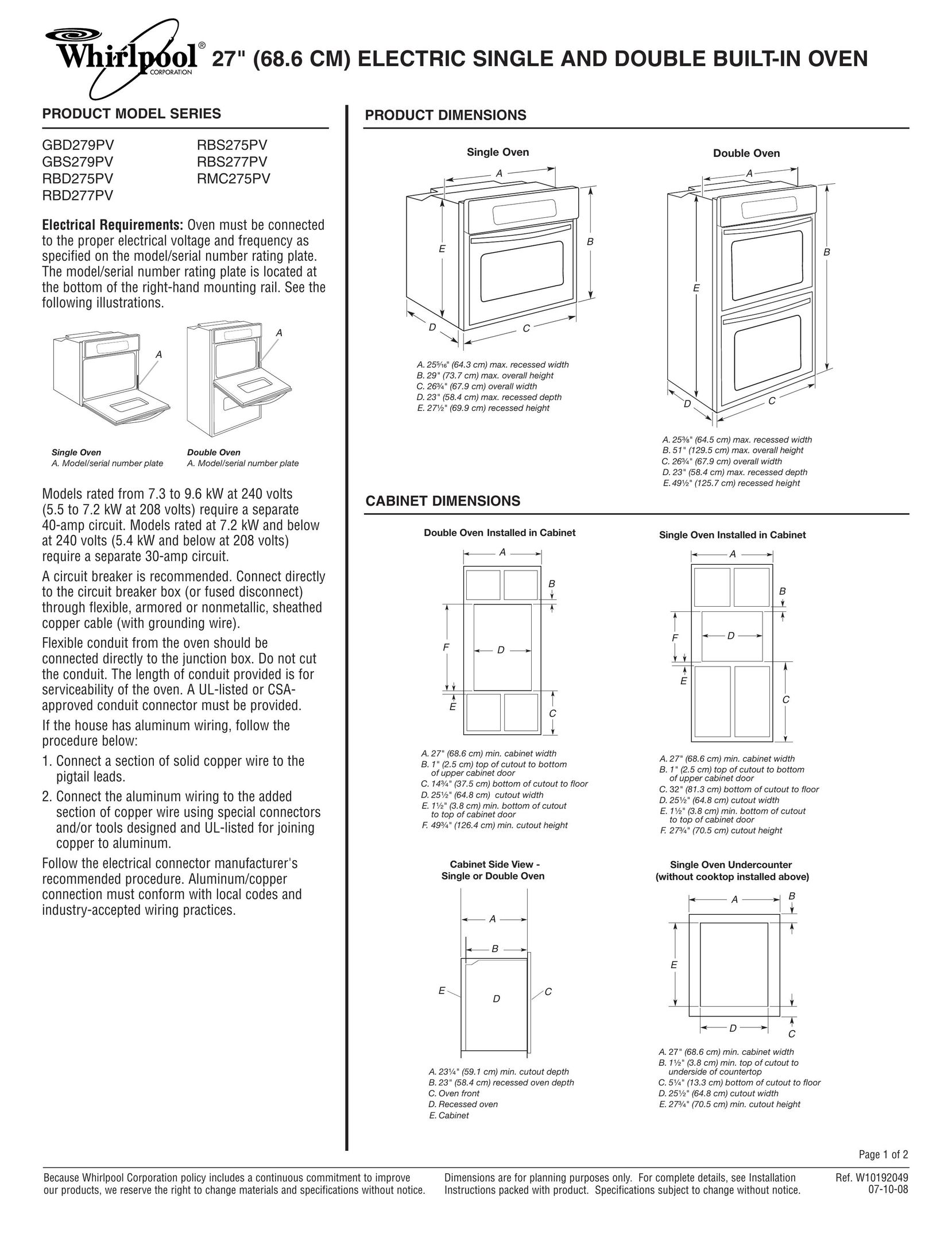 Whirlpool GBD279PV Oven User Manual