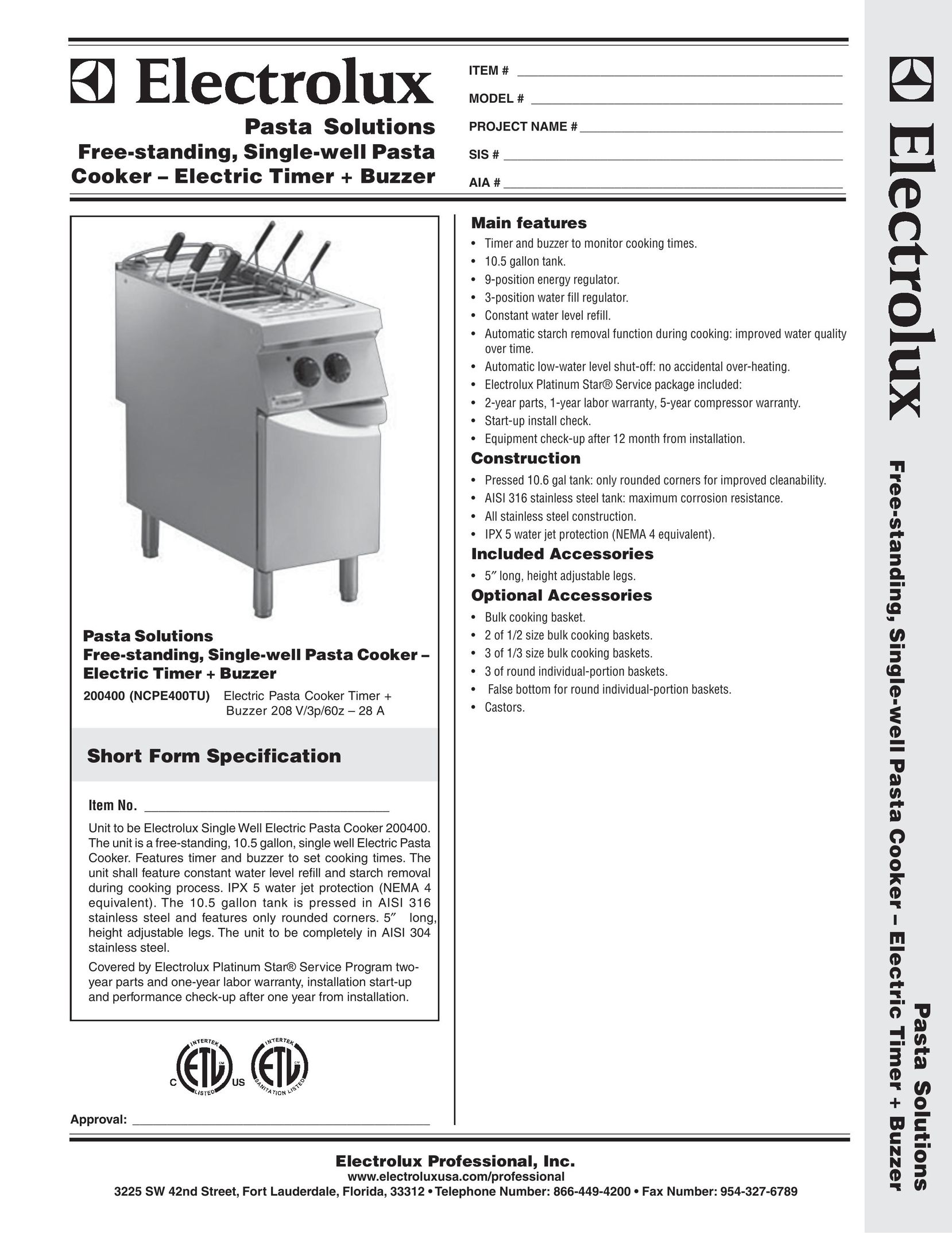 Electrolux Single-well Pasta Cooker Pasta Maker User Manual