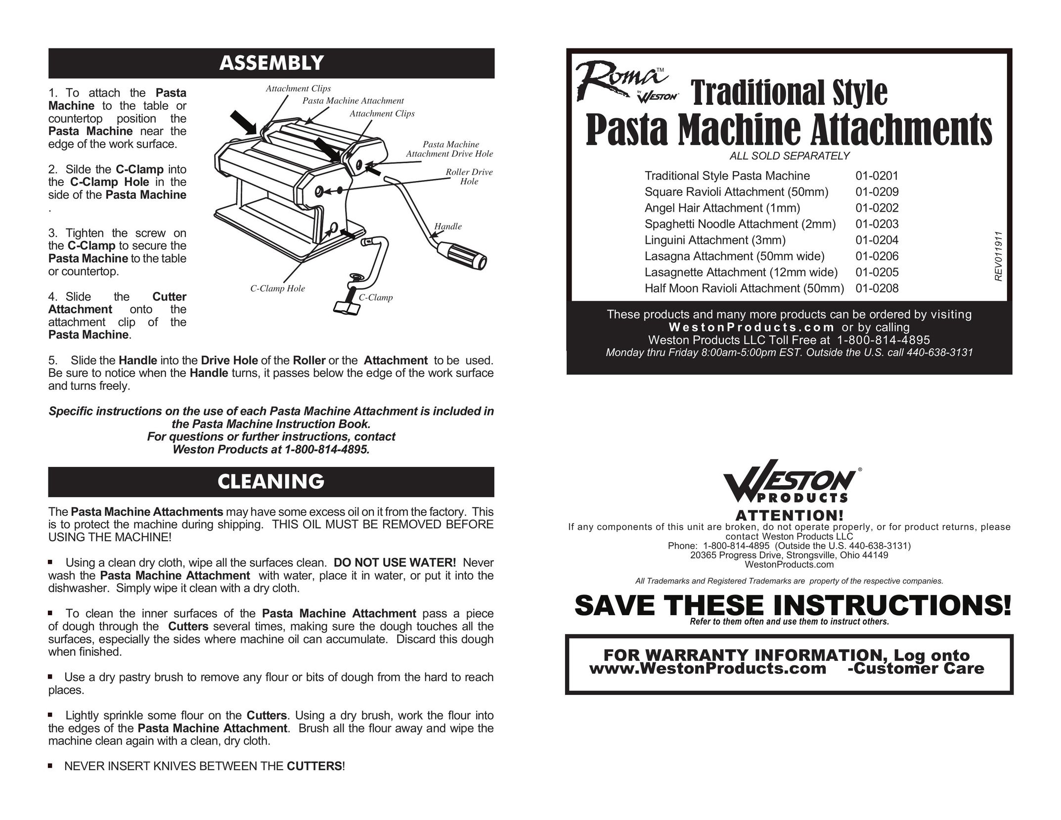Weston 01-0201 Pasta Maker User Manual