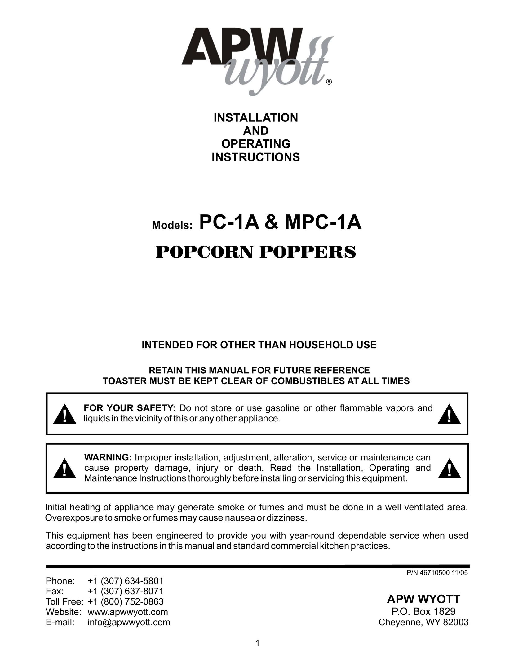 APW Wyott MPC-1A Popcorn Poppers User Manual