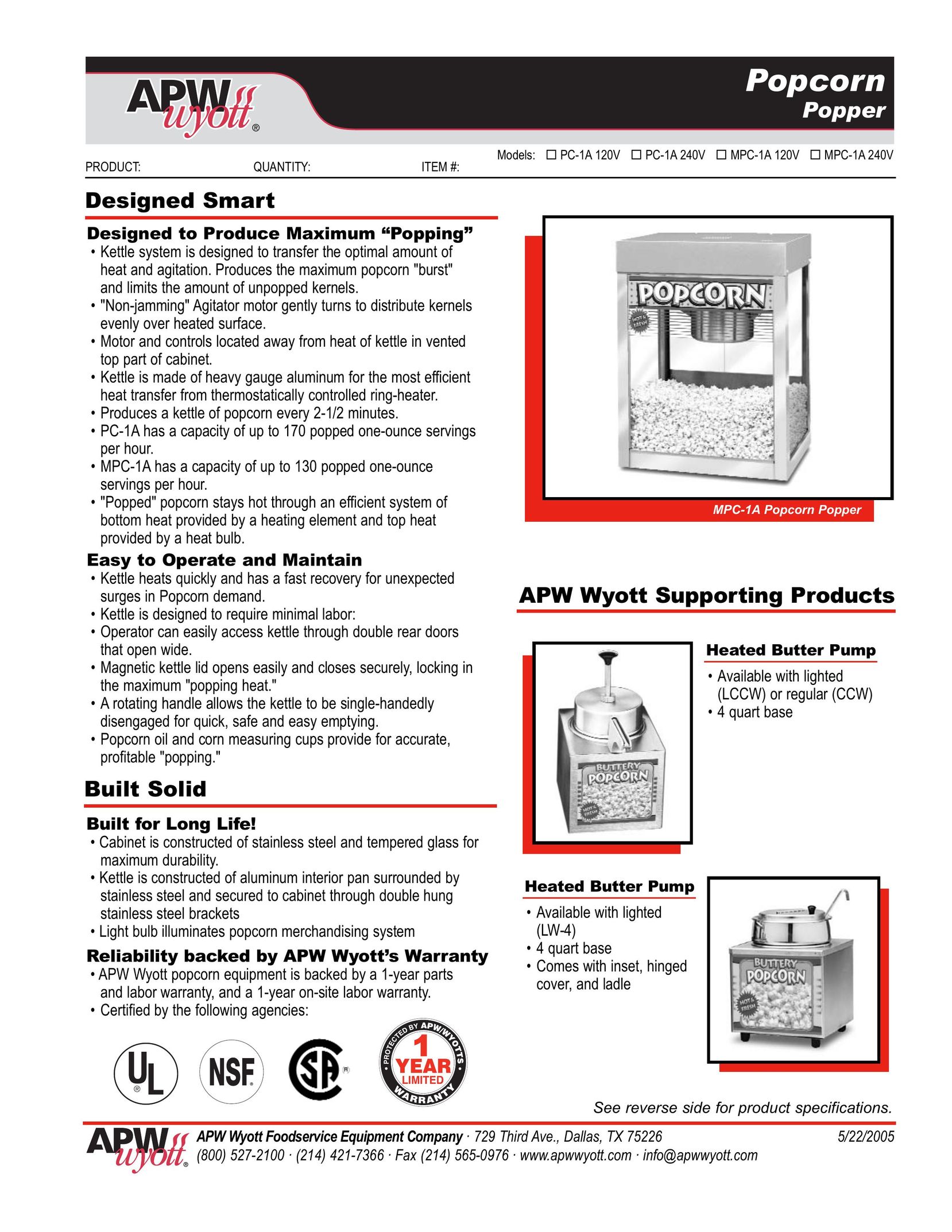 APW Wyott MPC-1A 120V Popcorn Poppers User Manual