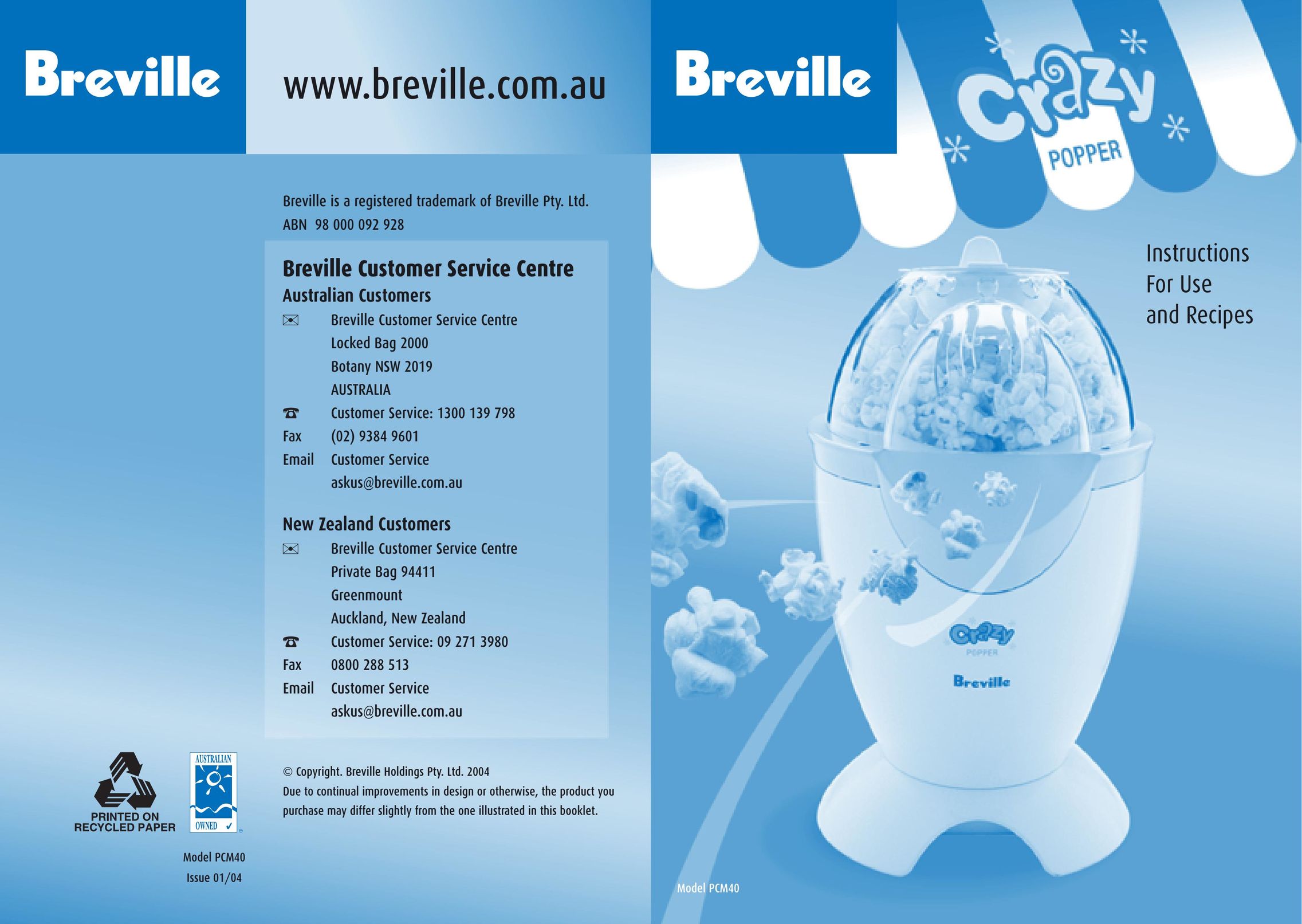 Breville PCM40 Popcorn Poppers User Manual