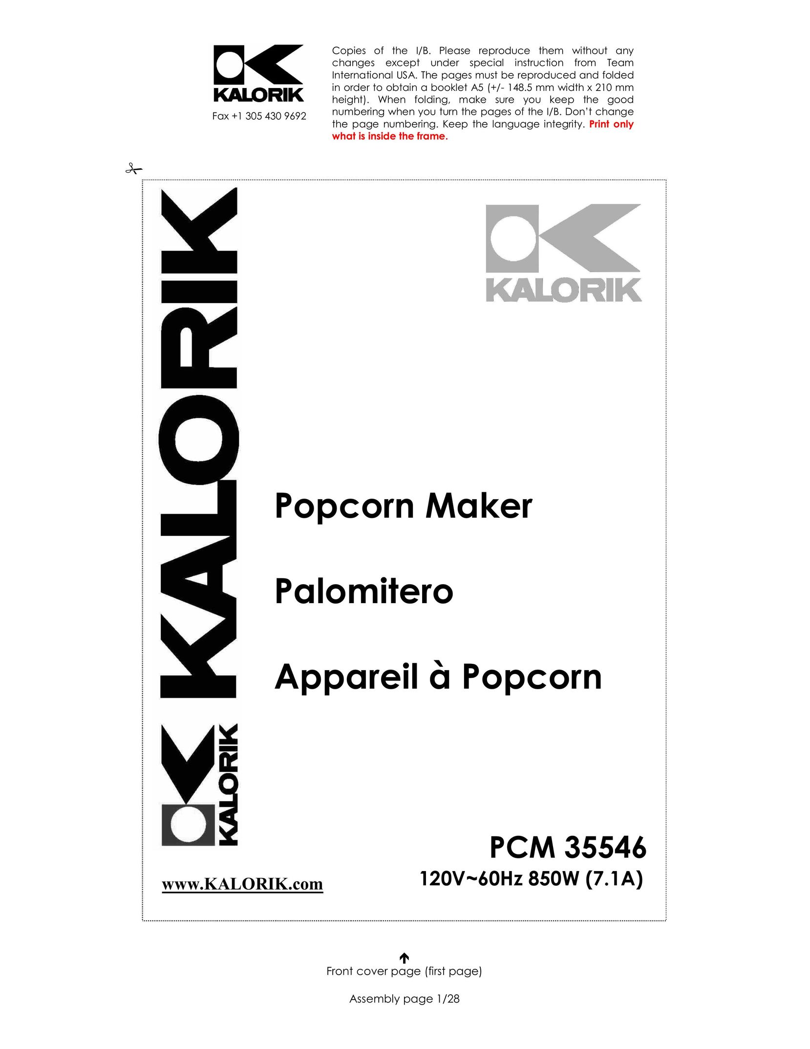 Kalorik PCM 35546 Popcorn Poppers User Manual