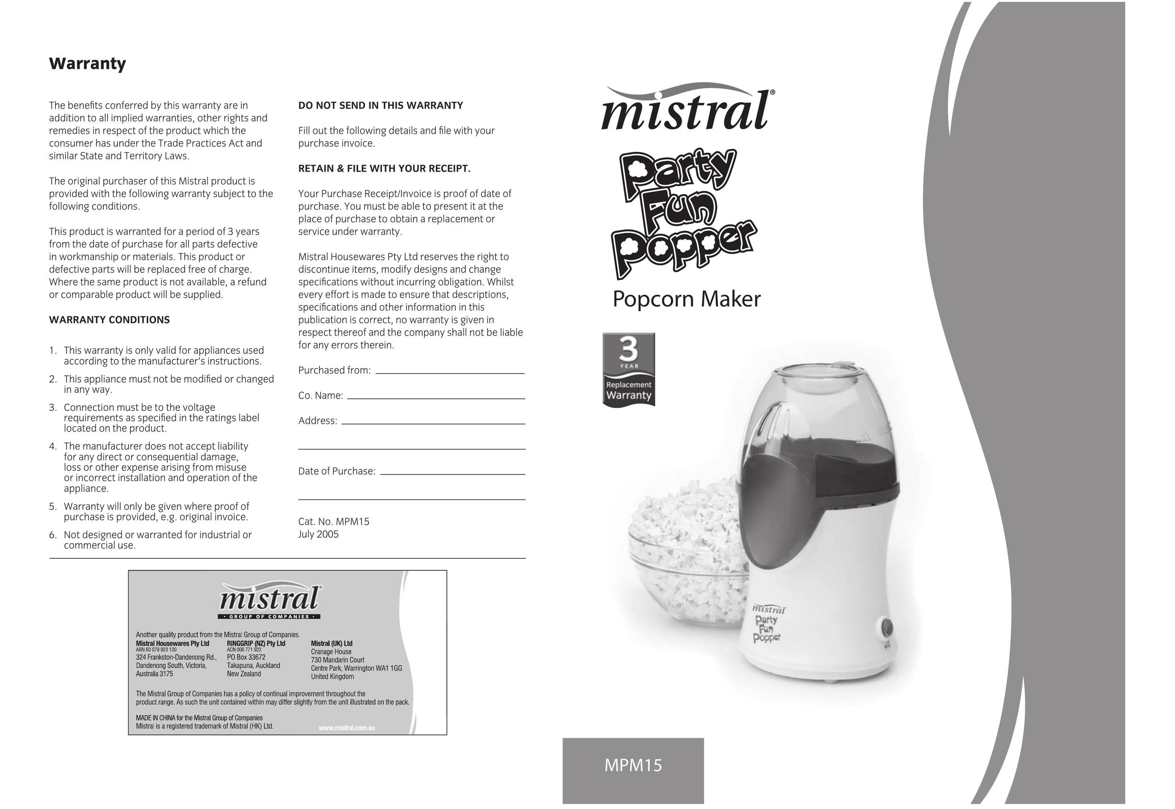 Mistral MPM15 Popcorn Poppers User Manual