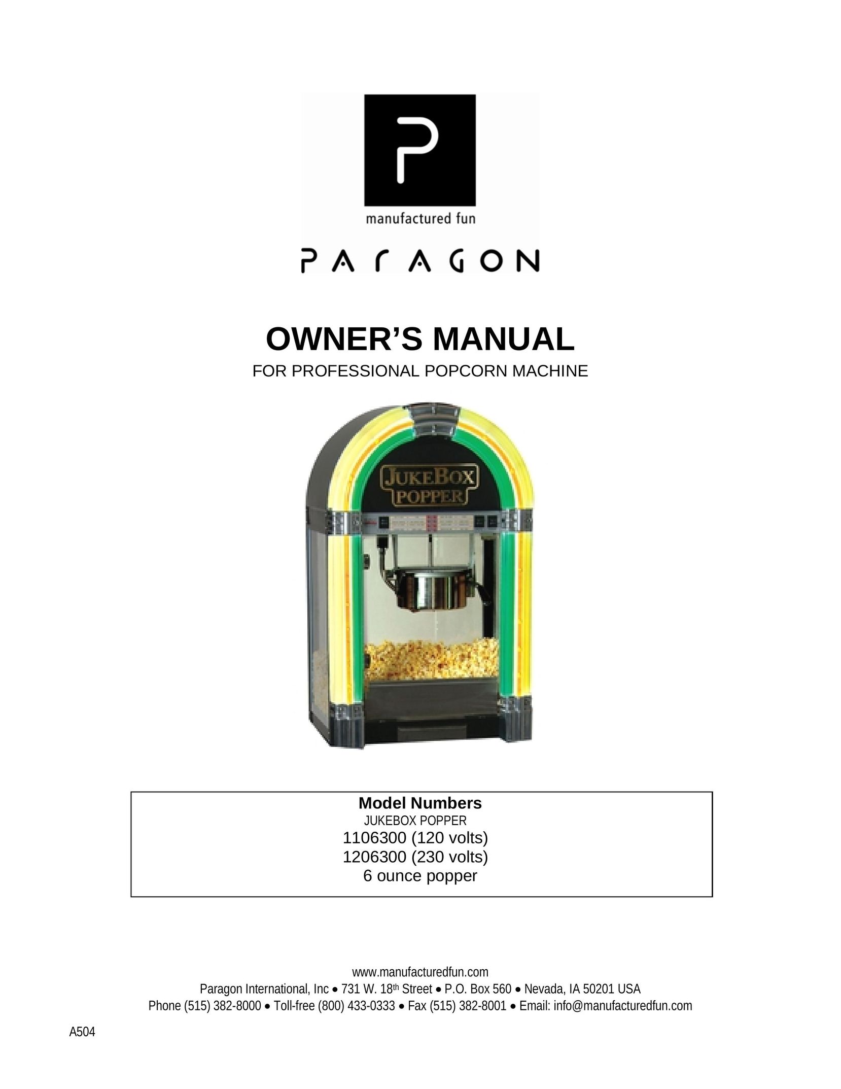 Paragon 1106300 Popcorn Poppers User Manual