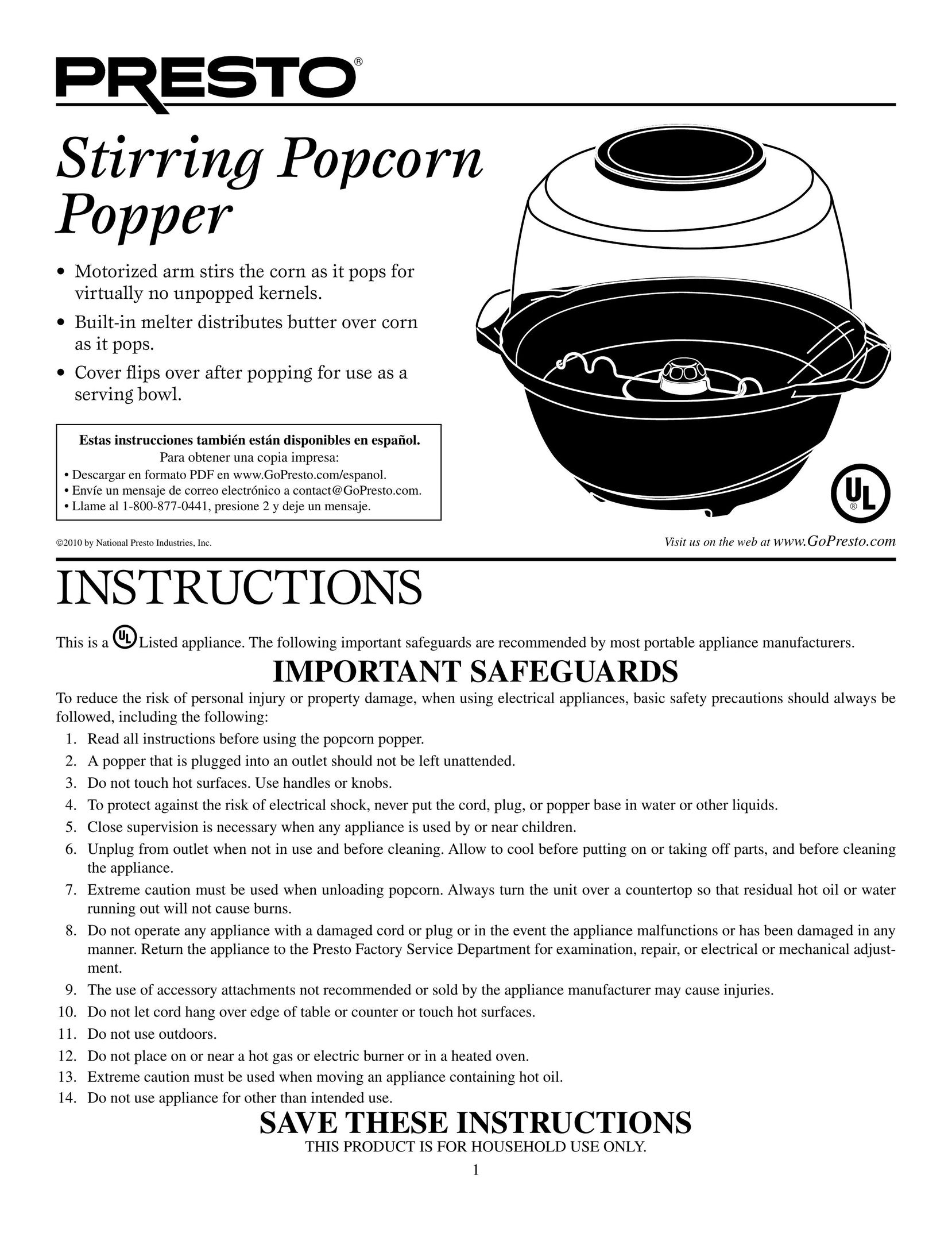 Presto Corn Popper Popcorn Poppers User Manual