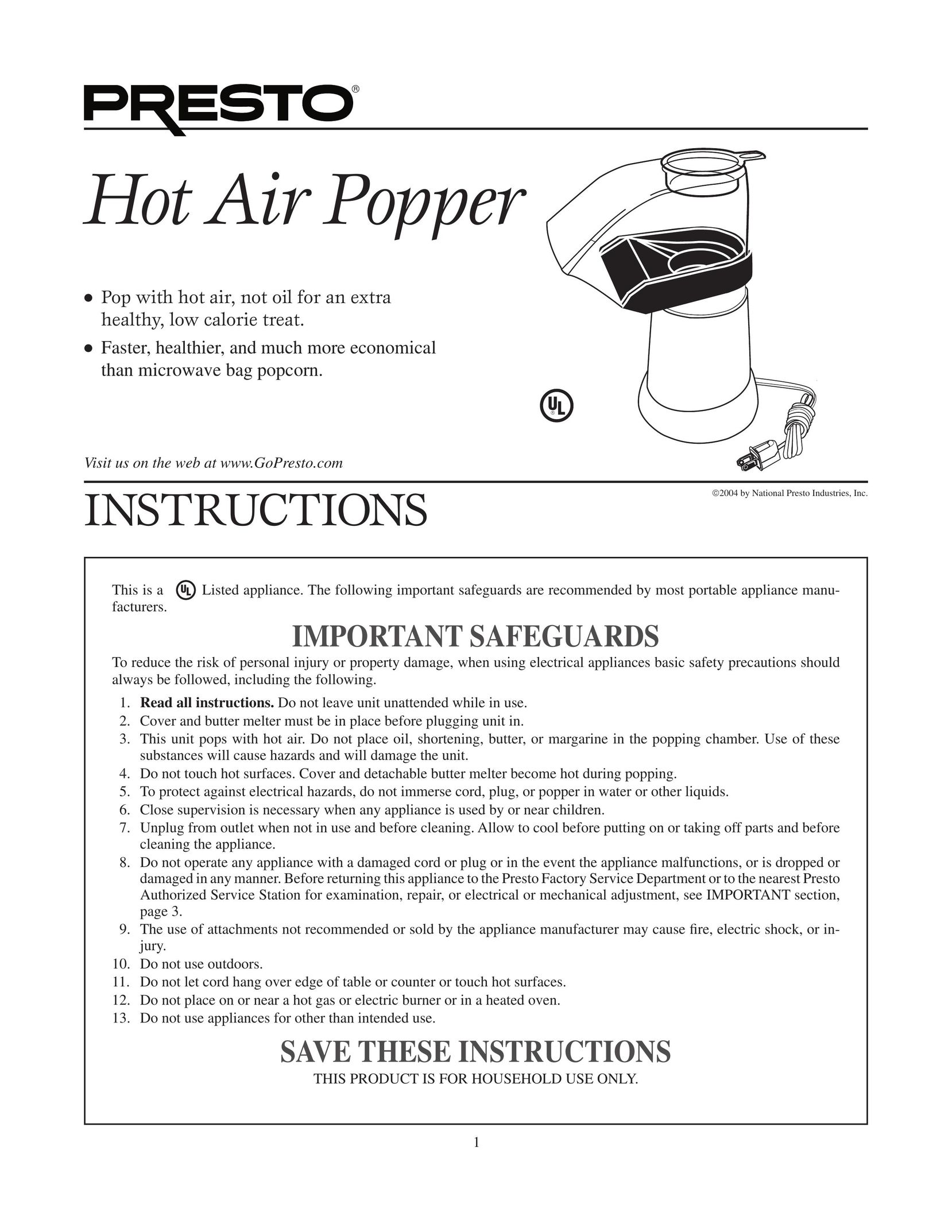 Presto Popper Popcorn Poppers User Manual