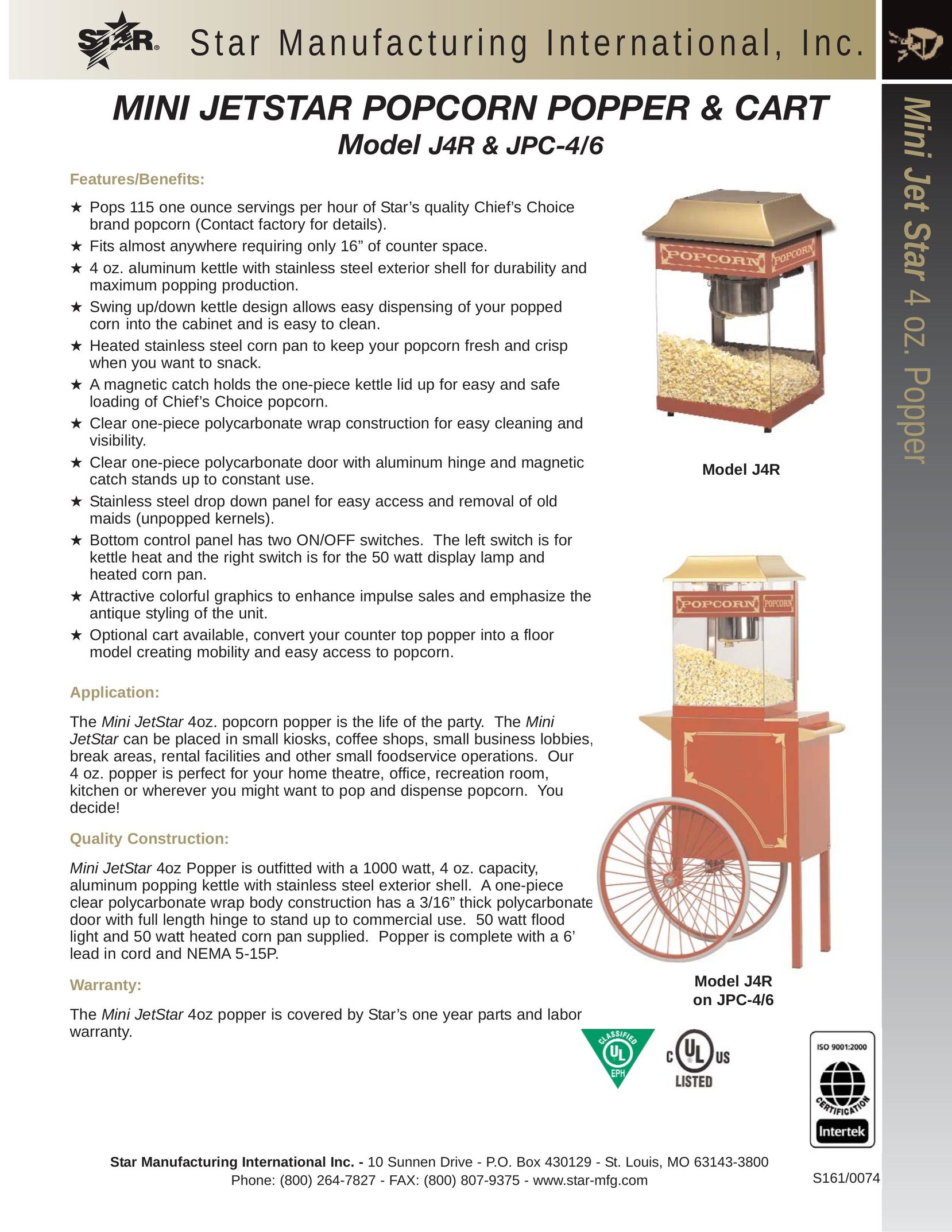 Star Manufacturing J4R Popcorn Poppers User Manual