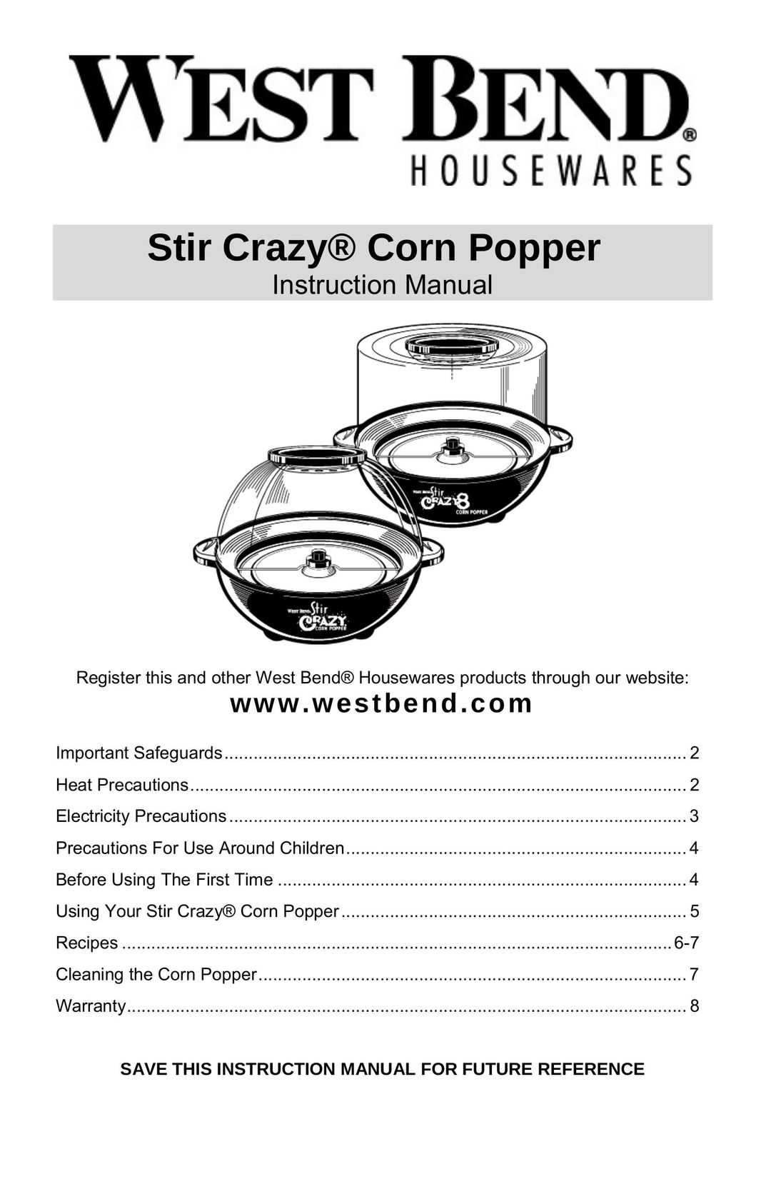 West Bend 8 quart Popcorn Poppers User Manual