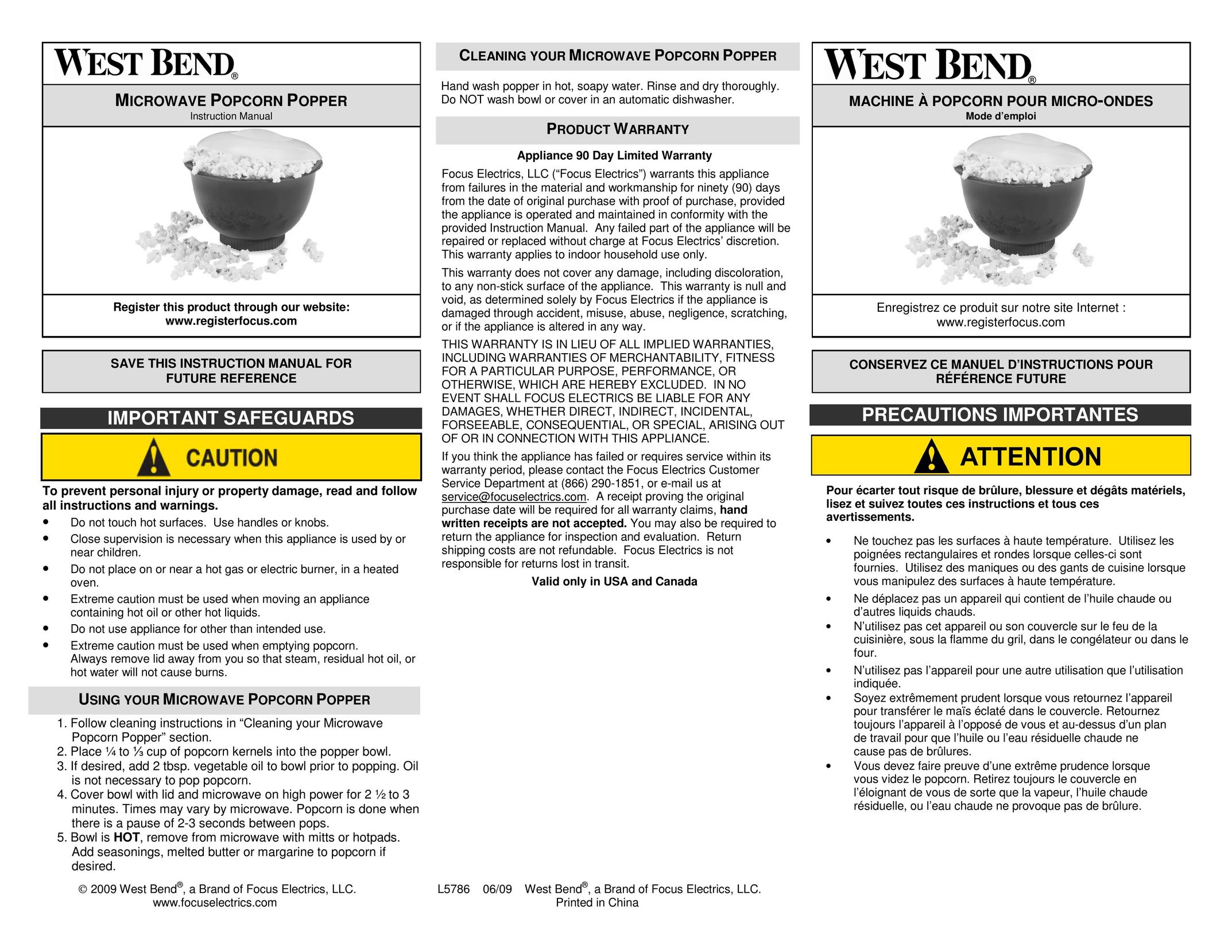 West Bend L5786 Popcorn Poppers User Manual