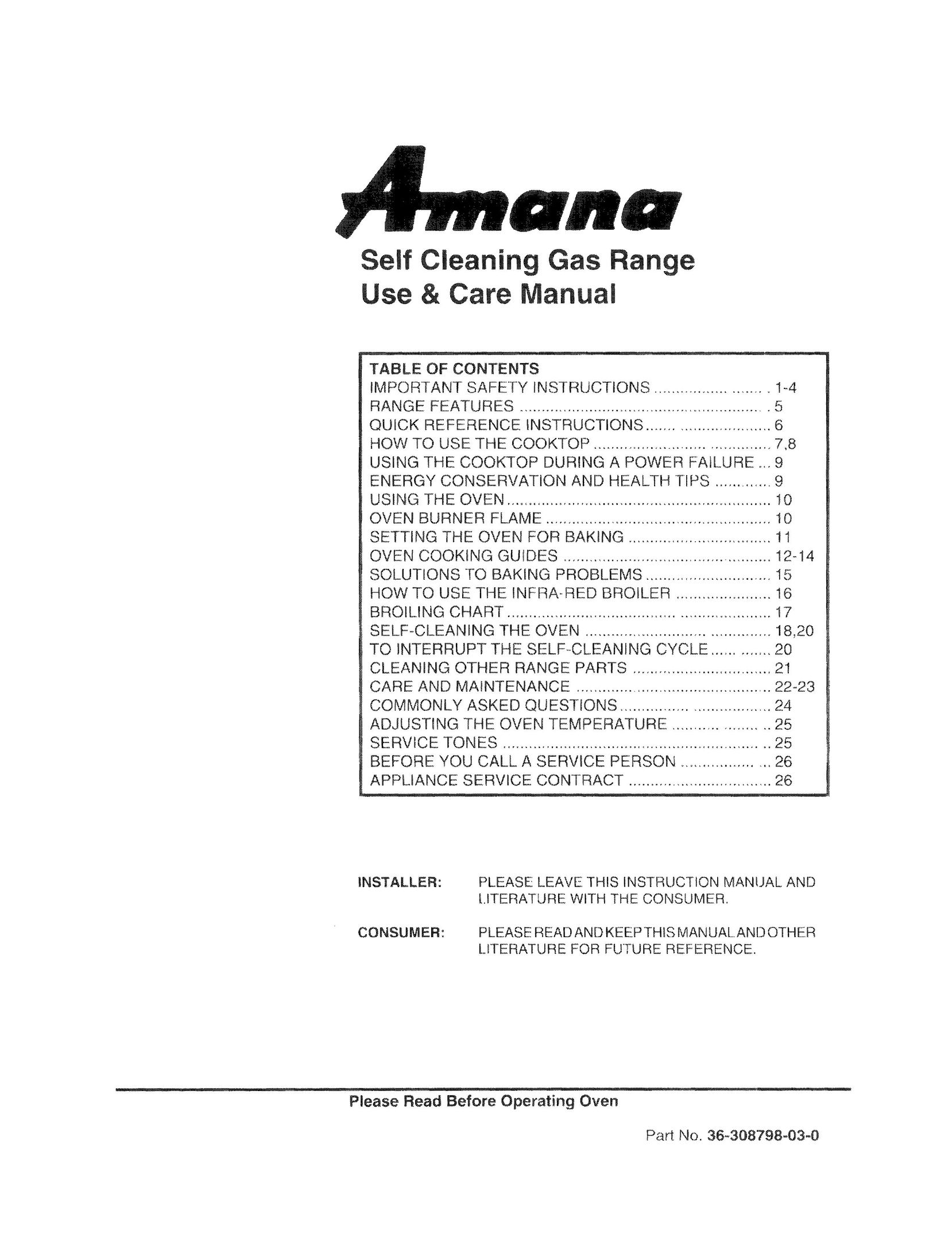 Amana 36-308798-03-0 Range User Manual