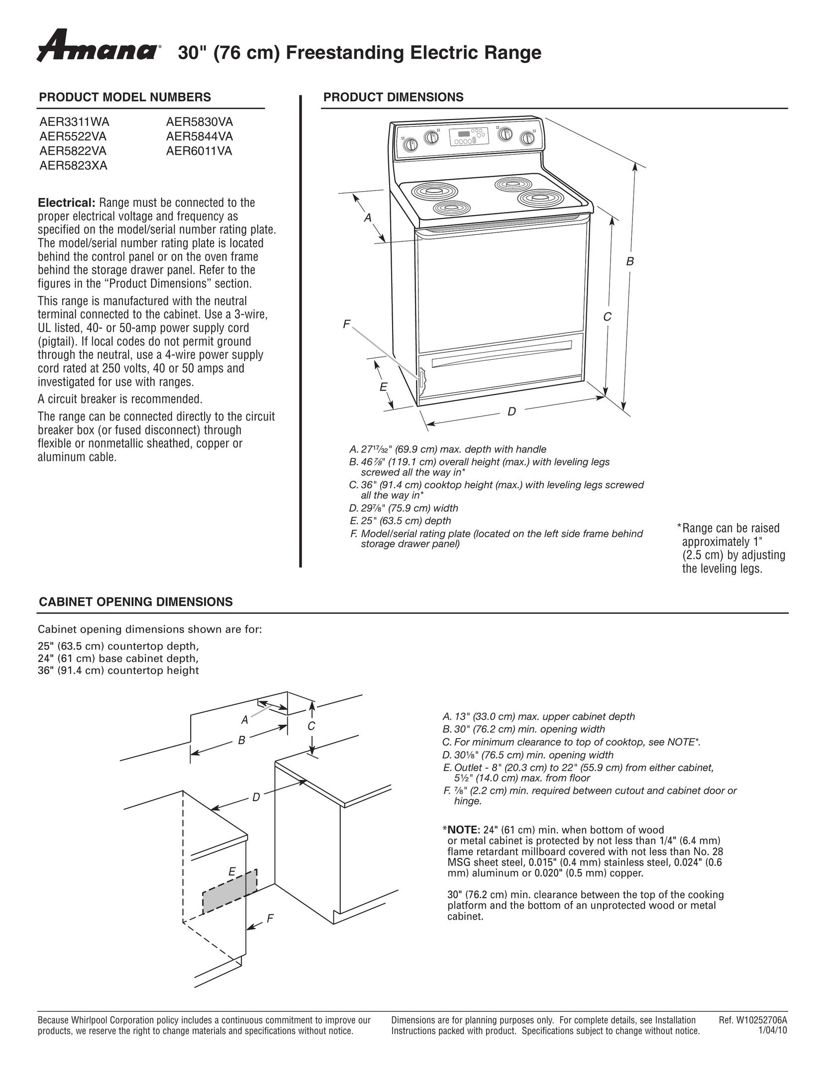 Amana AER3311WA Range User Manual