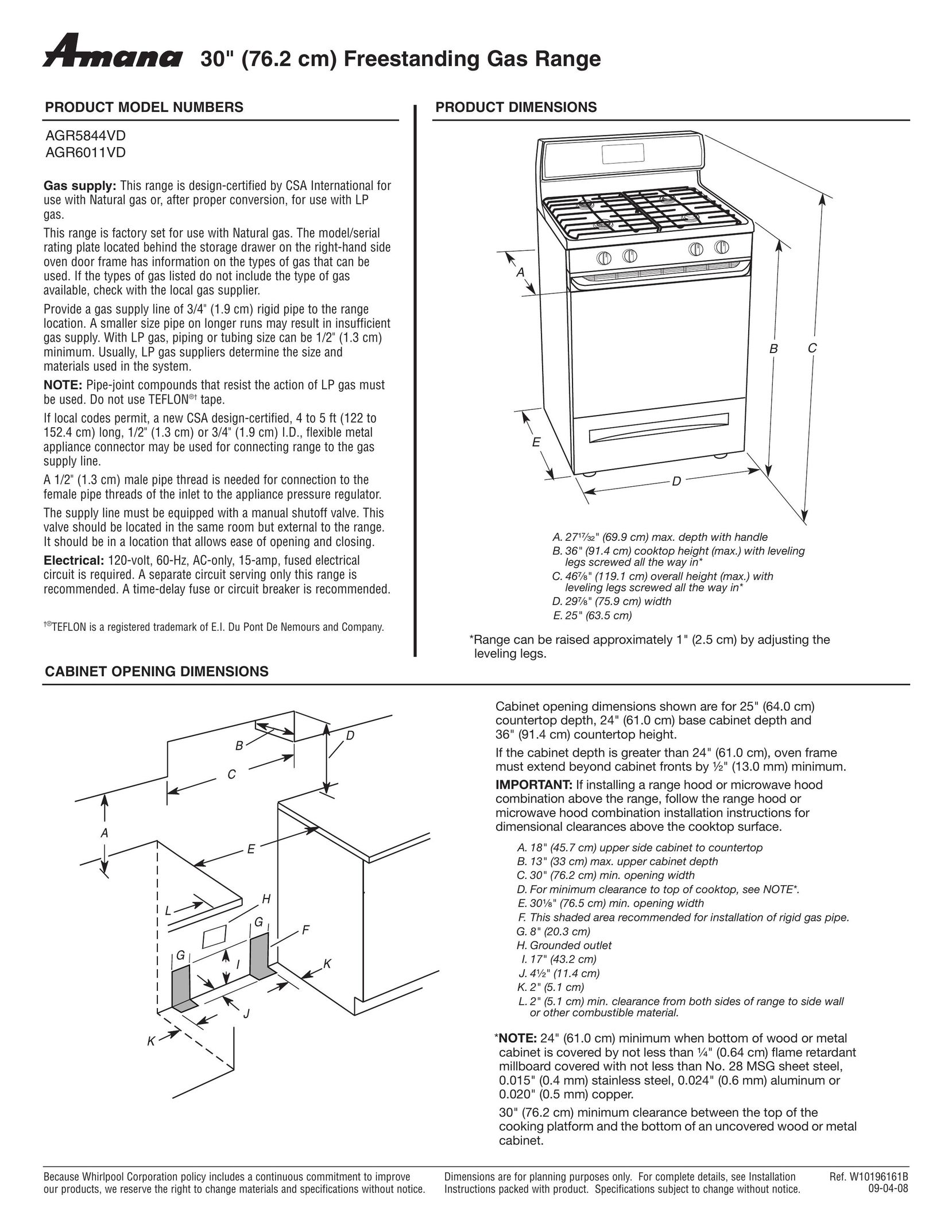 Amana AGR6011VD Range User Manual