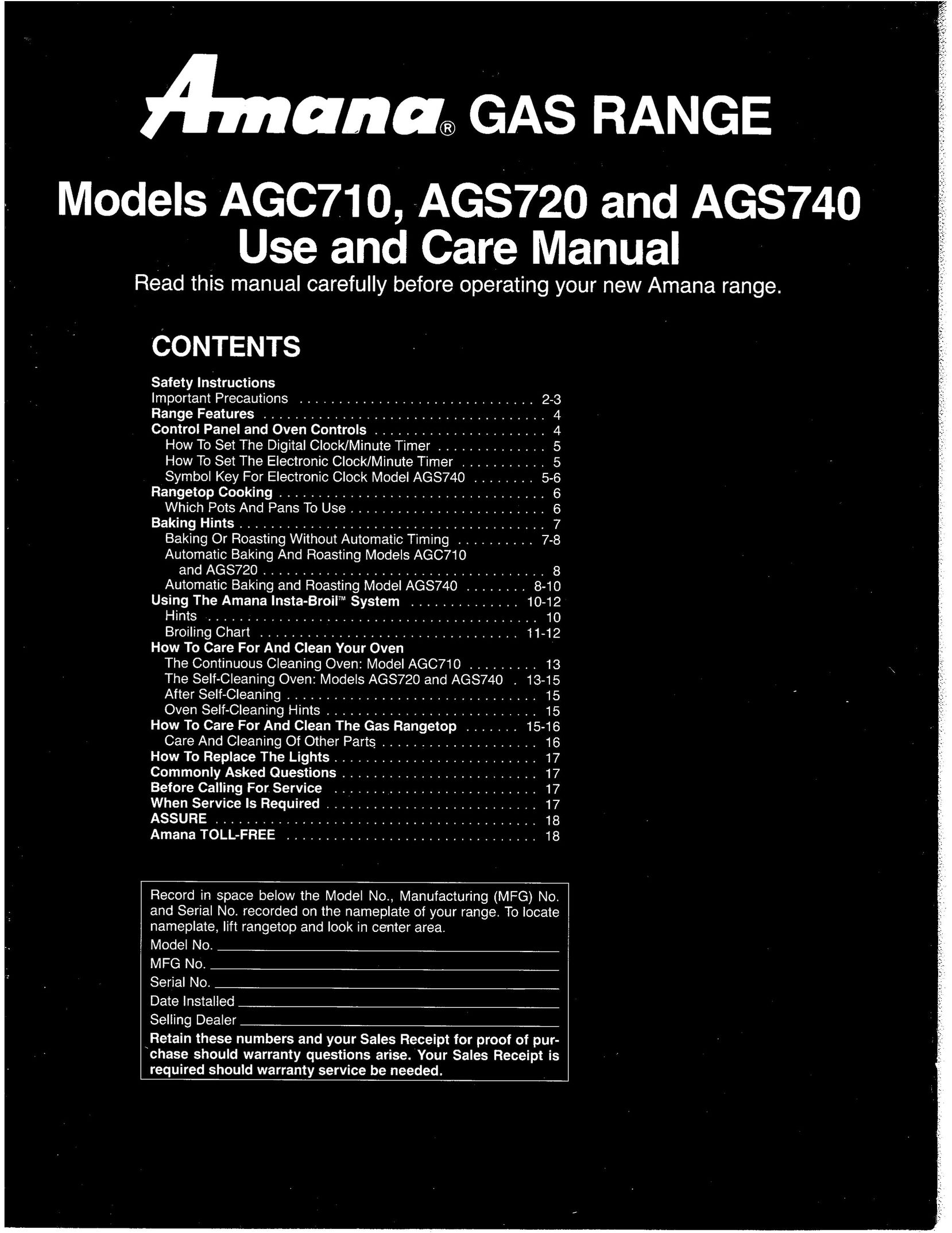 Amana AGS720 Range User Manual