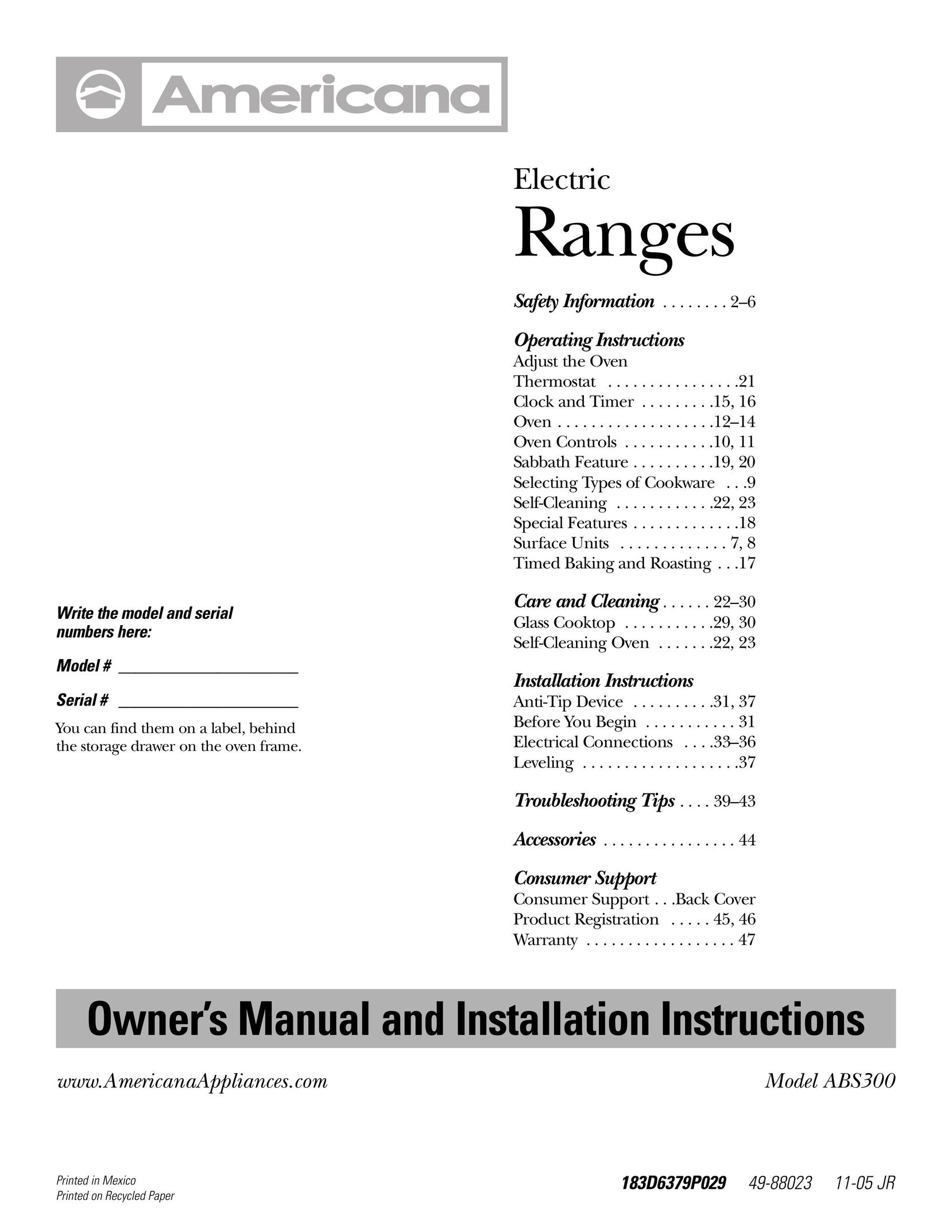 Americana Appliances ABS300 Range User Manual