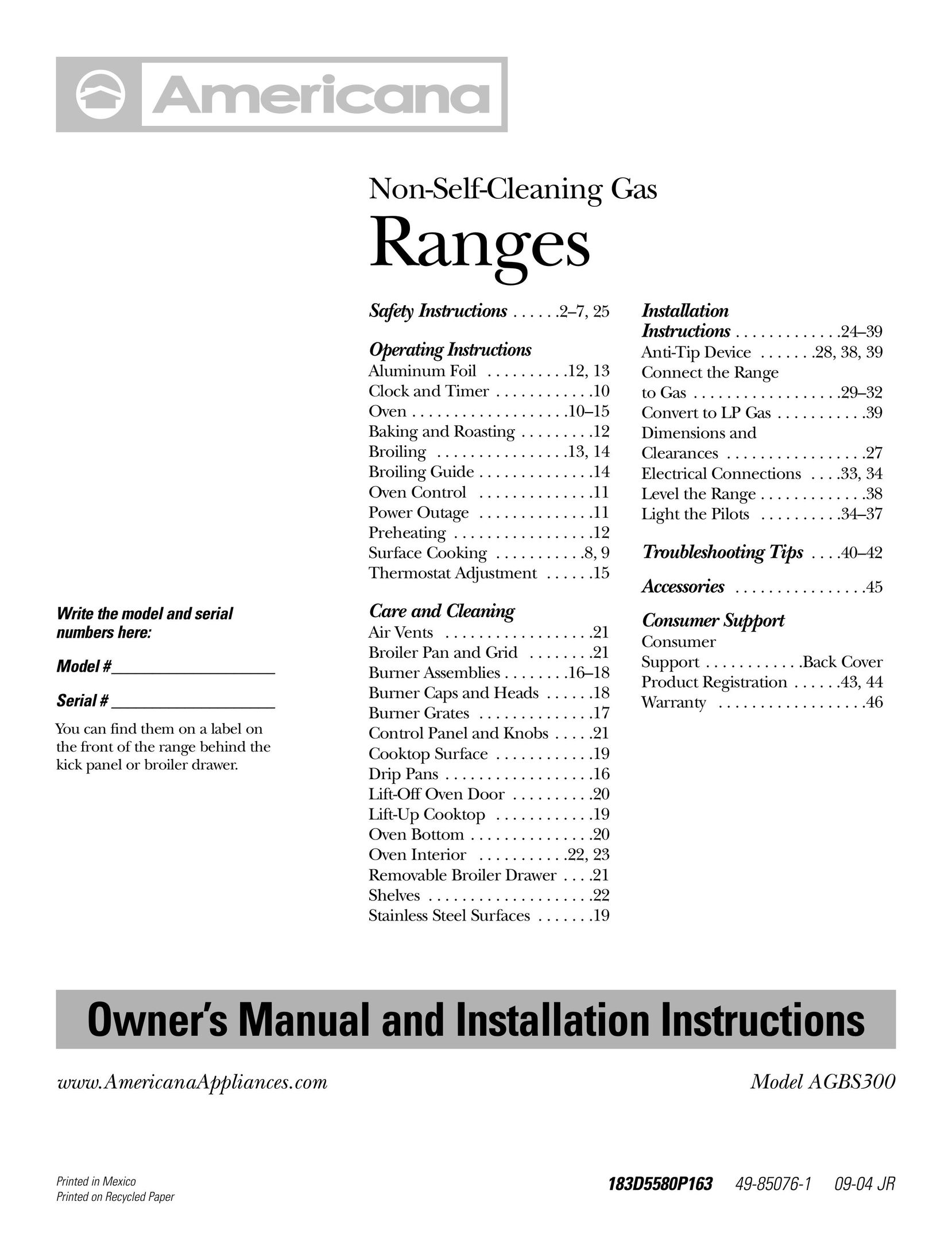 Americana Appliances AGBS300 Range User Manual