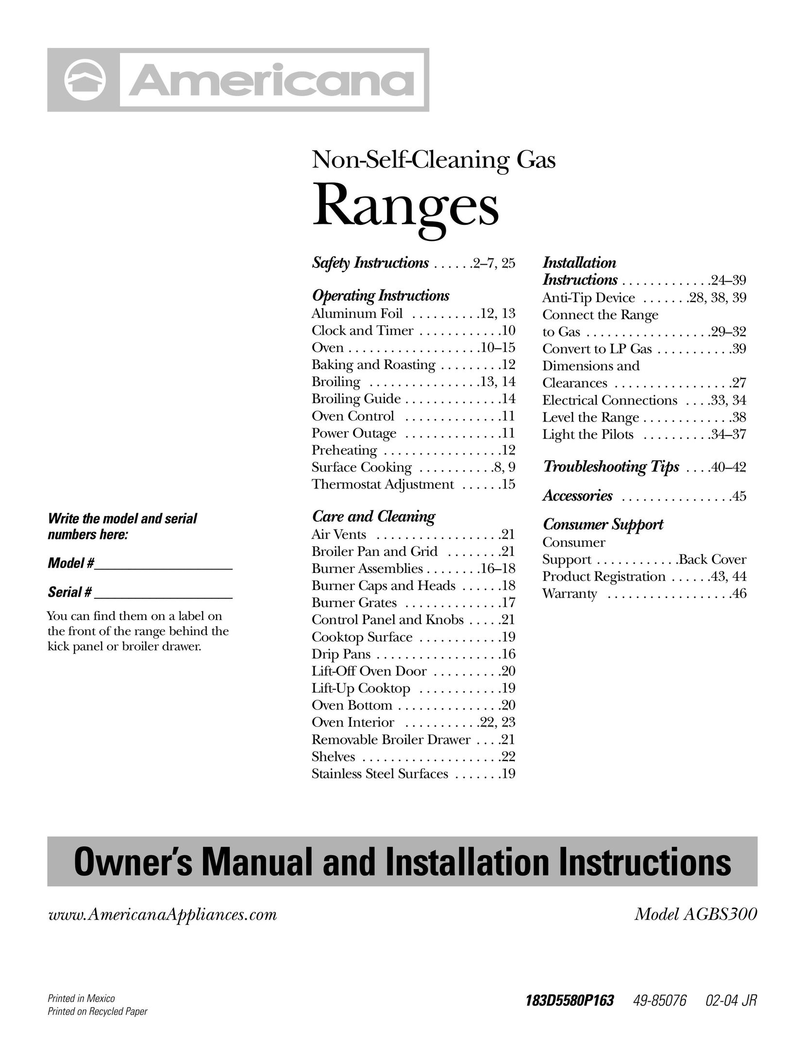 Americana Appliances AGBS300 Range User Manual