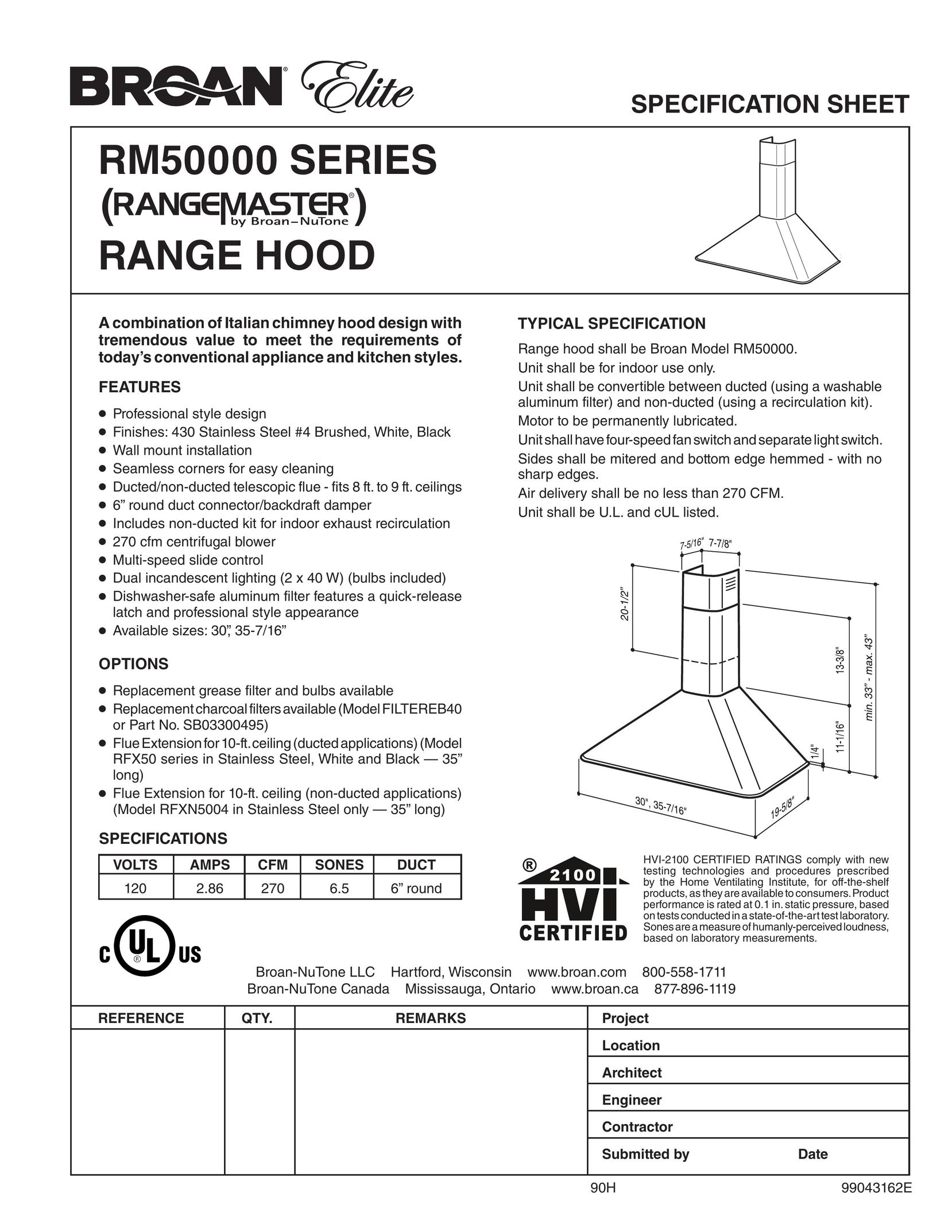Broan RM503001 Range User Manual
