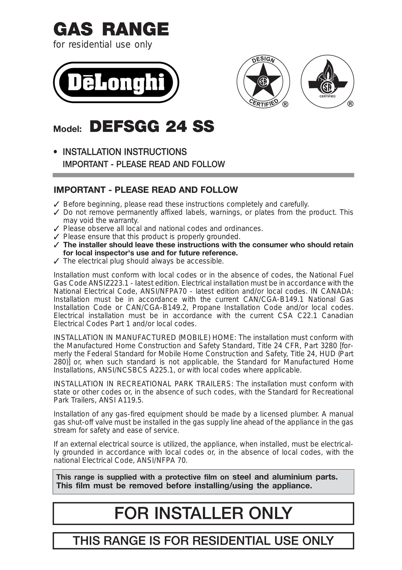 DeLonghi DEFSGG 24 SS Range User Manual