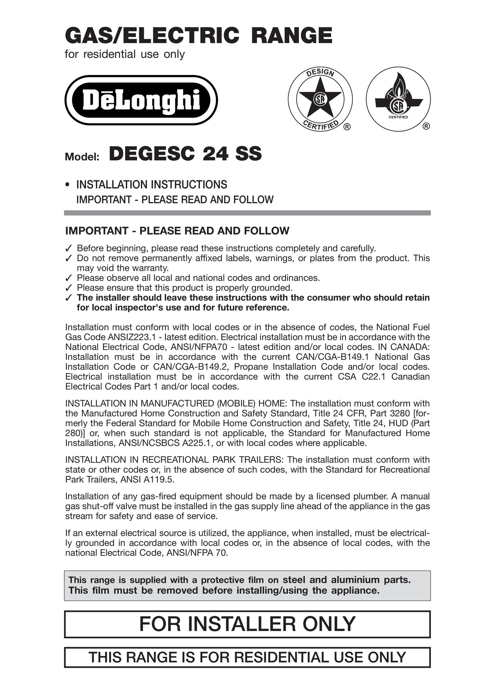 DeLonghi DEGESC24SS Range User Manual
