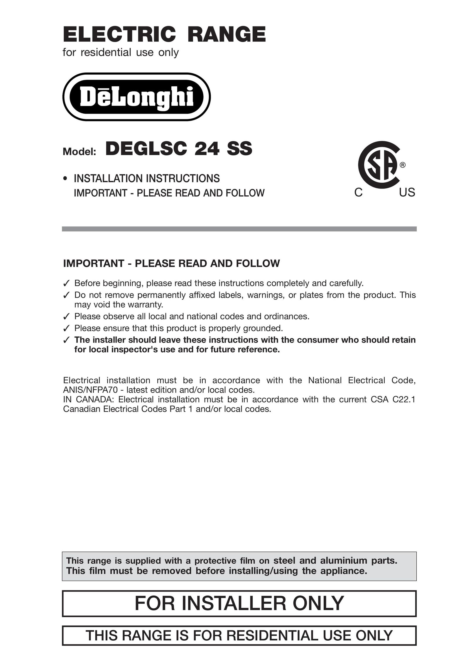 DeLonghi DEGLSC 24 SS Range User Manual